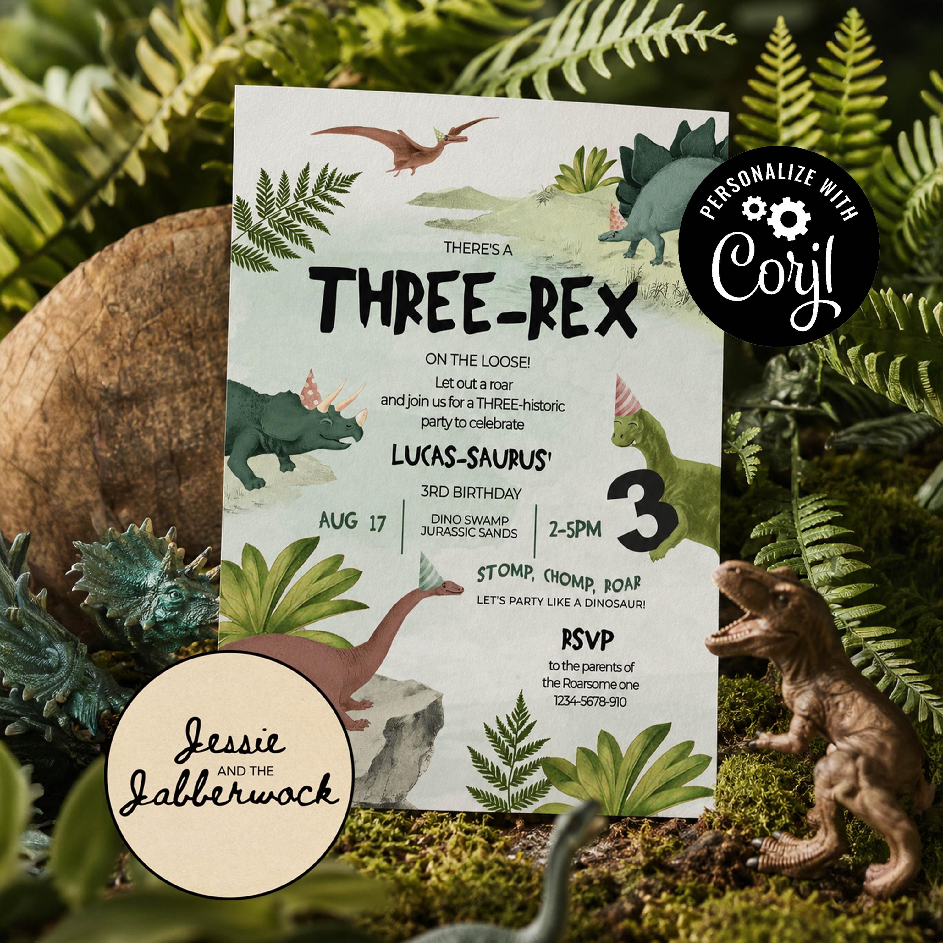 Invito di compleanno a tema dinosauri 3 Rex, invito di compleanno a tema dinosauri modificabile per il terzo compleanno, invito per la festa a tema Th