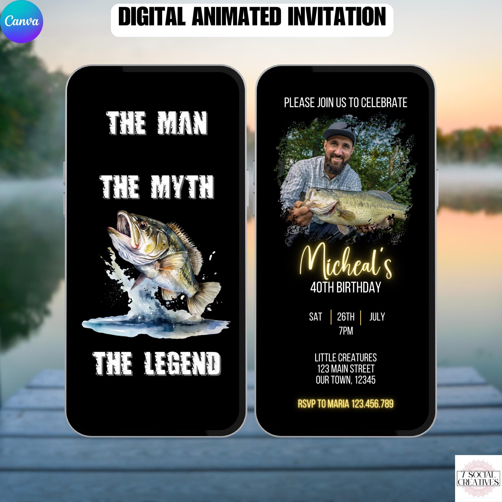 "Invito per la pesca maschile. Invito animato digitale a tema \"L'uomo, il mito, la leggenda del pesce persico\". Modello modificabile fai da te per la f"