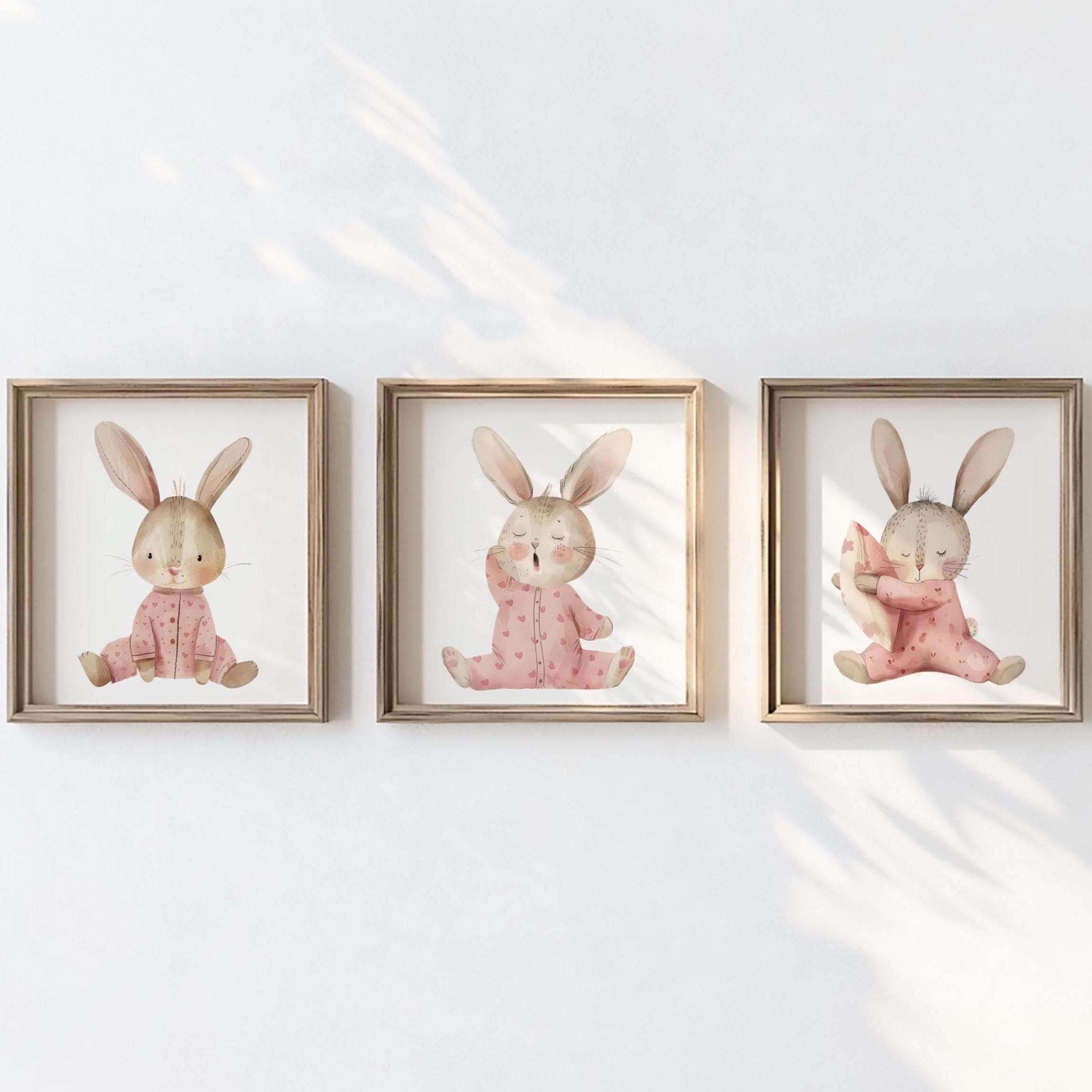 Stampa per cameretta a forma di coniglietto, set di 3 stampe a forma di coniglietto assonnato, graziosa decorazione da parete per cameretta a forma di