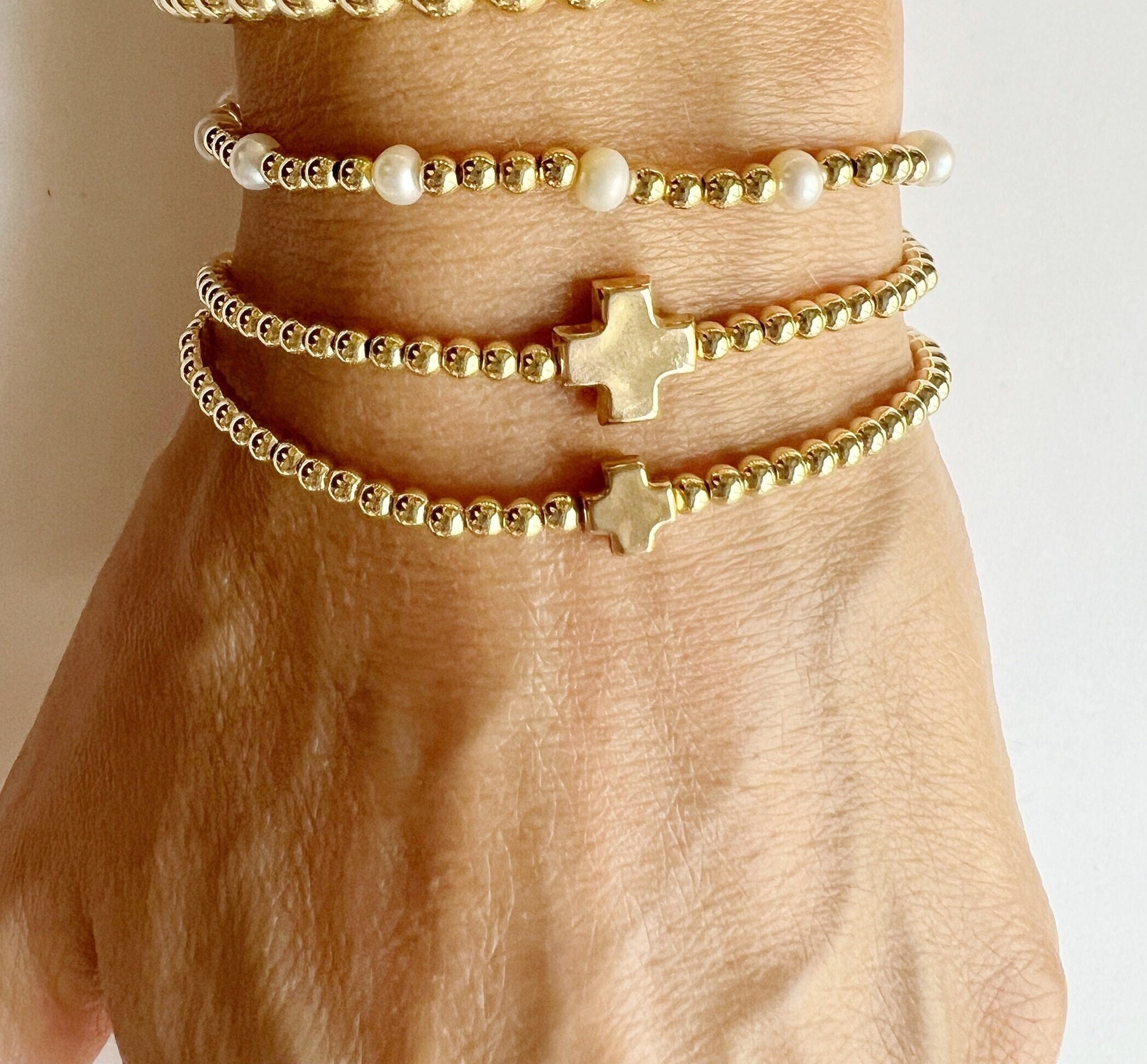 Bracciale con perline in oro riempito d'oro * Bracciale con palline di perline riempito d'oro * Bracciale cattolico con croce * Salute dell'anima e de