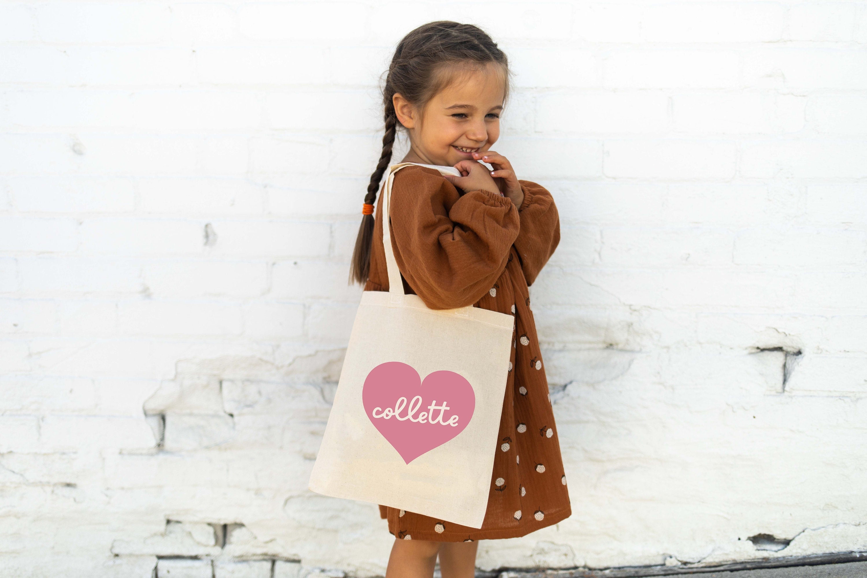 Borsa tote personalizzata - Borsa tote per bambini - Borsa tote con nome personalizzato - Borsa tote a forma di cuore - Borsa con nome per bambini - B