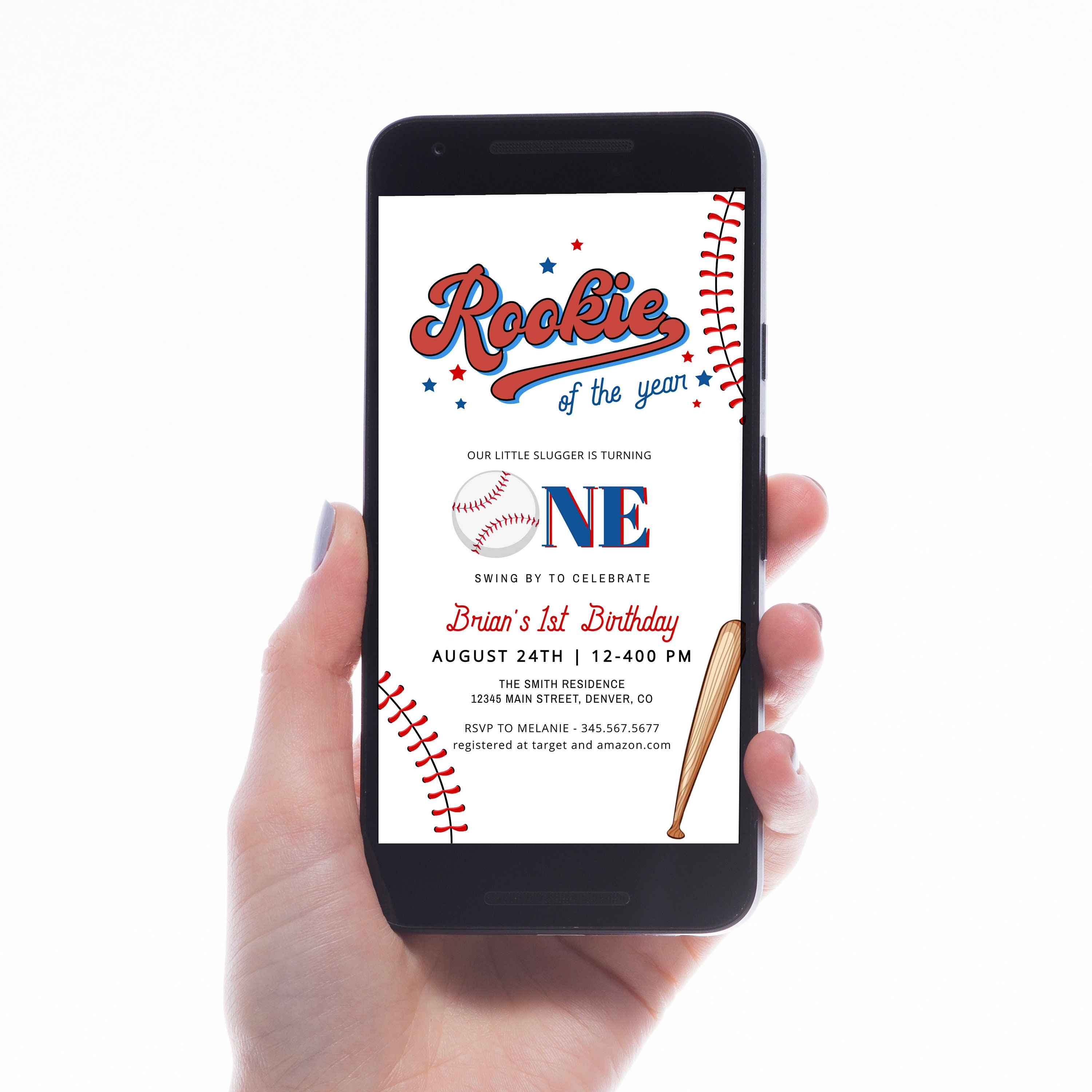 Invito SMS per il primo compleanno di un giocatore di baseball, invito SMS per la festa di compleanno di un giocatore di baseball, invito digitale per