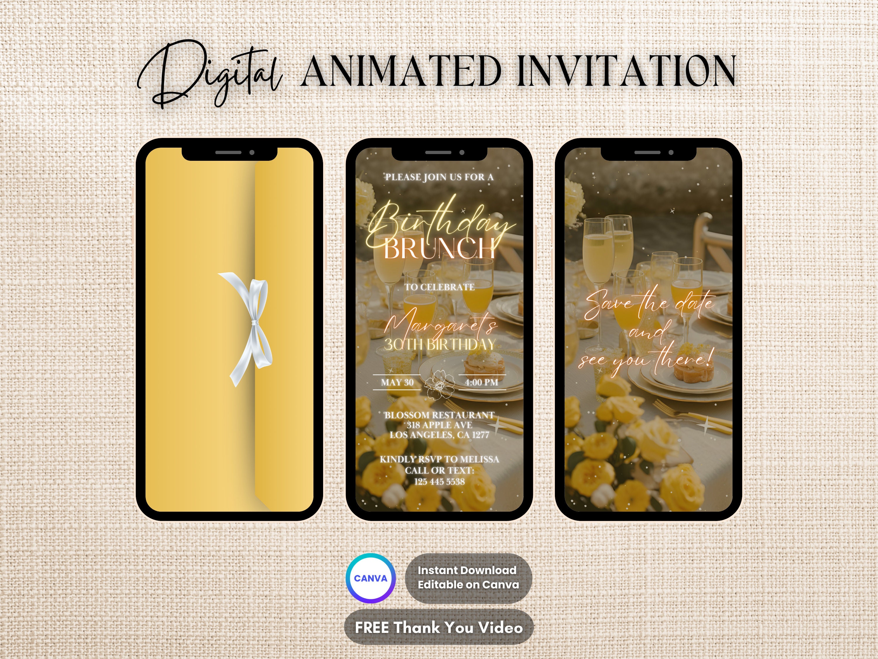 Invito al brunch giallo, invito animato al brunch di compleanno, invito video digitale modificabile per la festa del brunch, festa floreale di complea
