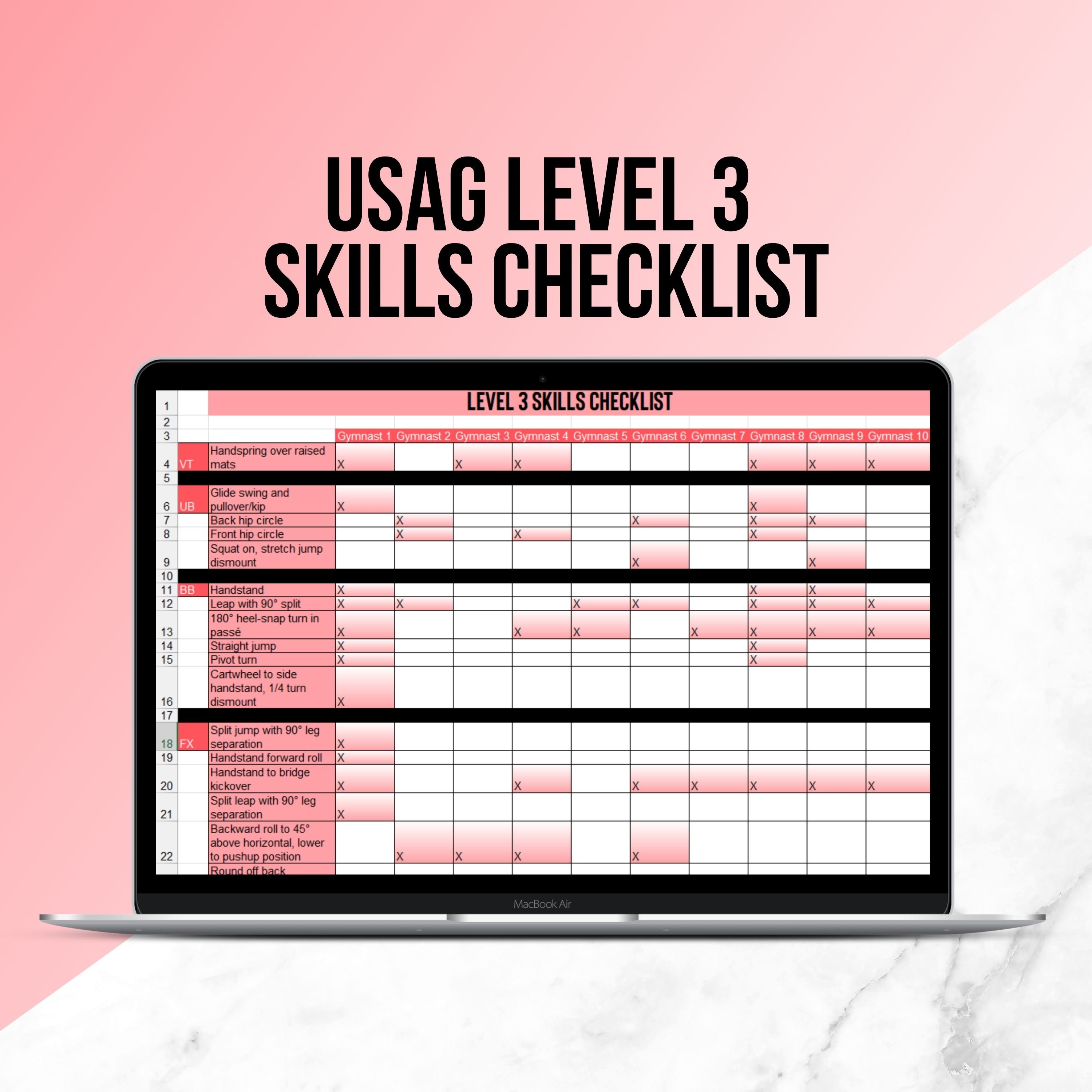 Lista di controllo delle abilità di livello 3 Foglio di calcolo / Tracker delle abilità dell'allenatore di ginnastica / Pianificatore dell'allenamento