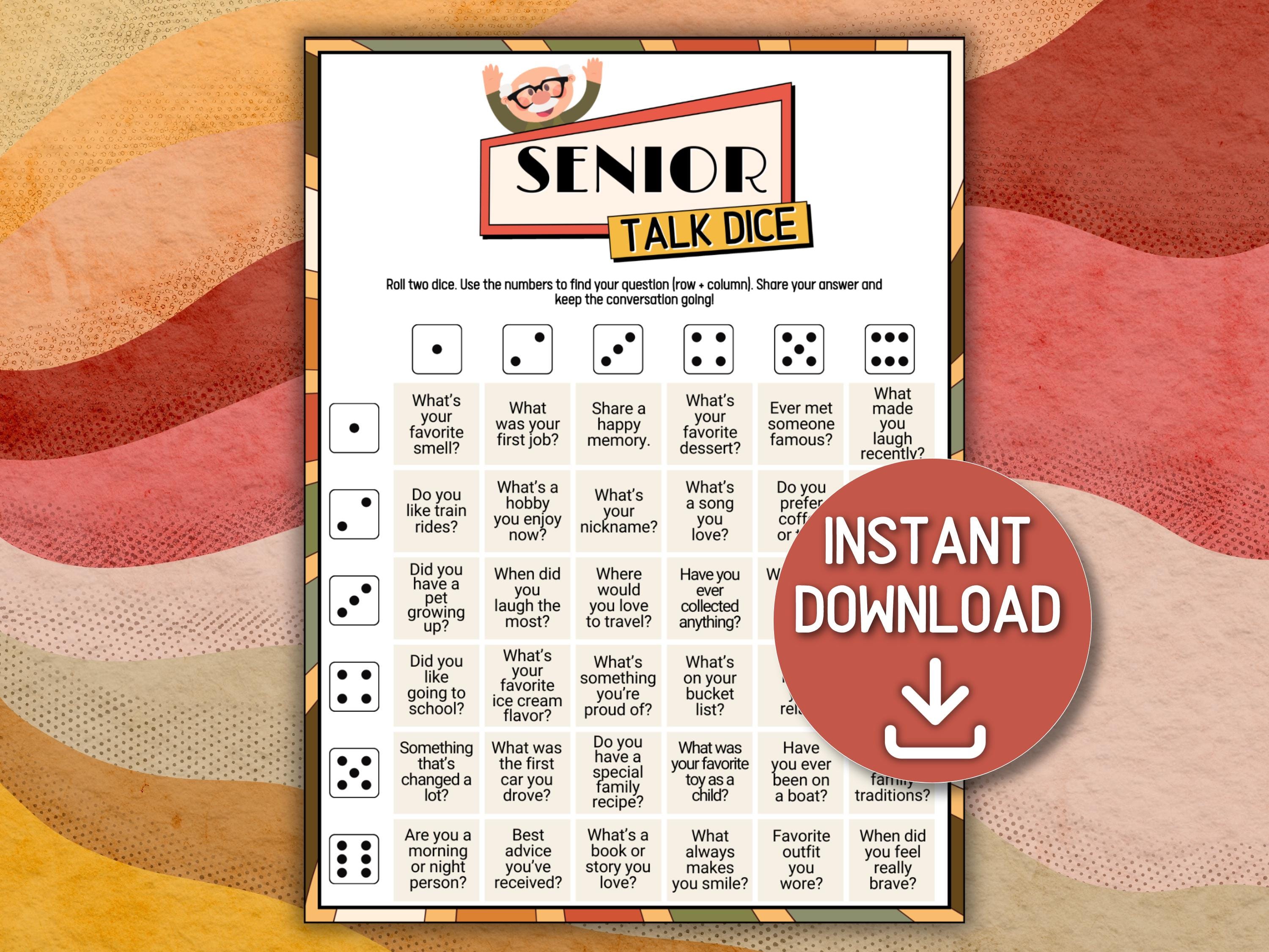 Giochi per anziani, giochi di dadi per feste per anziani, attività per gruppi di anziani, giochi rompighiaccio per anziani, giochi di compleanno per a