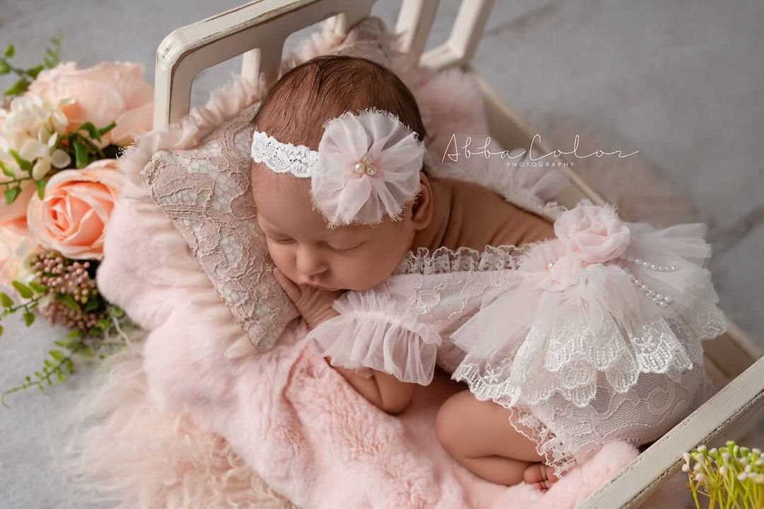 Tutina per neonato, Tutina in pizzo, Tutina in pizzo per neonato, Tutina per neonato con fascia, Accessori per foto per neonato, Accessori per neonato