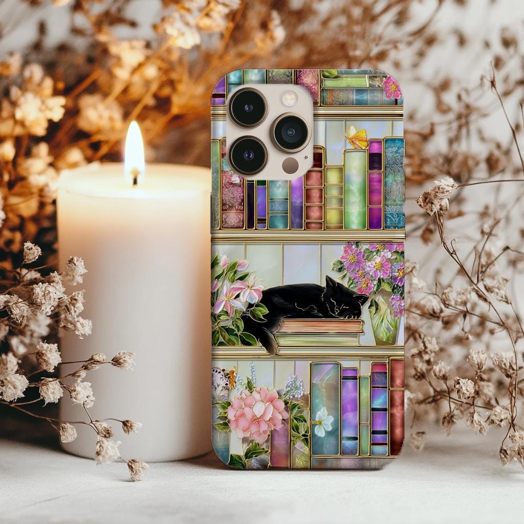 Custodia per cellulare Luxe Glam in vetro colorato con libreria a forma di gatto nero, custodia per iPhone e Samsung ispirata ai libri, regalo per lei
