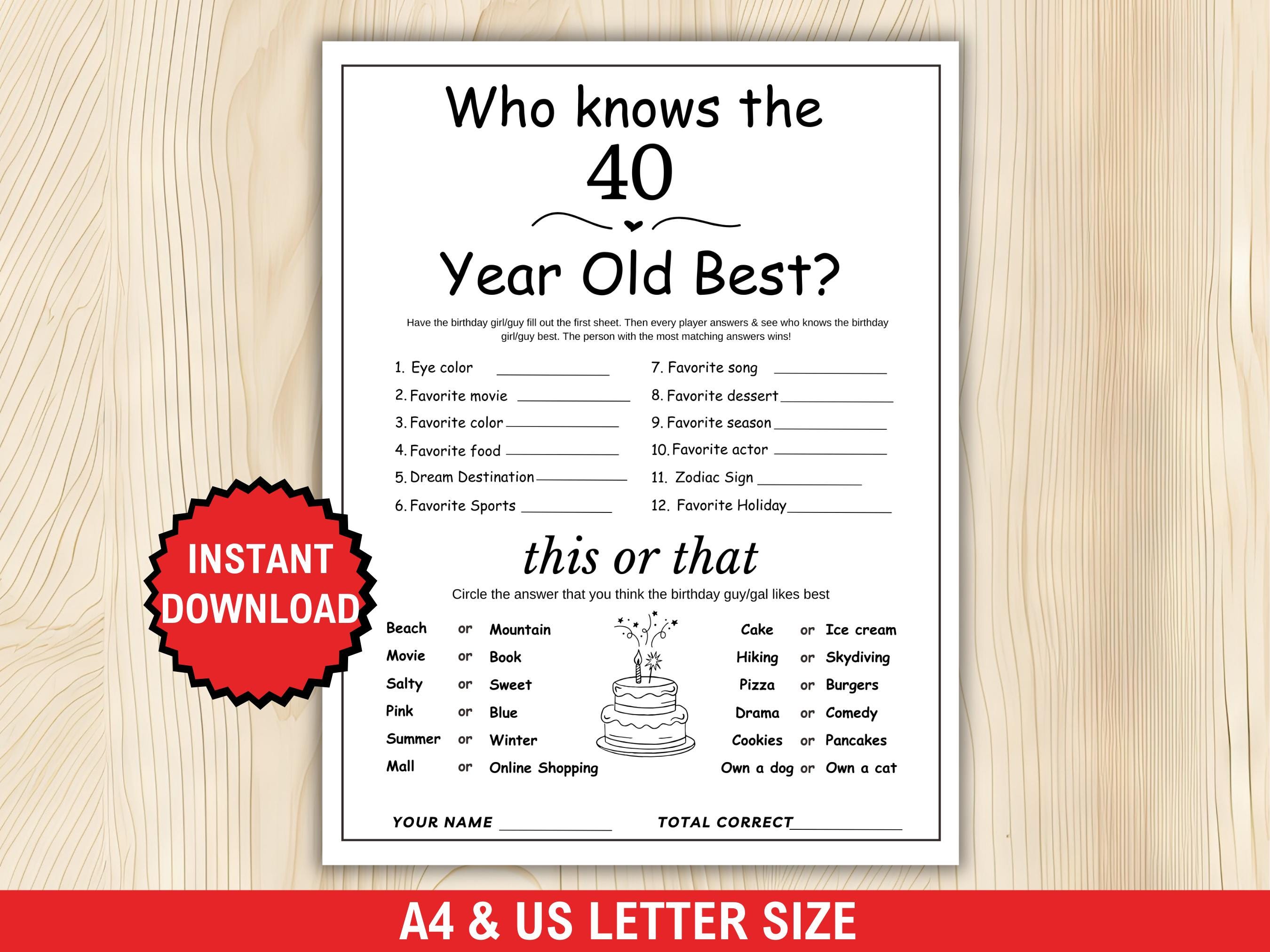 Chi conosce il miglior gioco per i 40enni? Gioco per il 40o compleanno, stampabile, attività per la festa del 40o compleanno, quiz sul 40o compleanno,