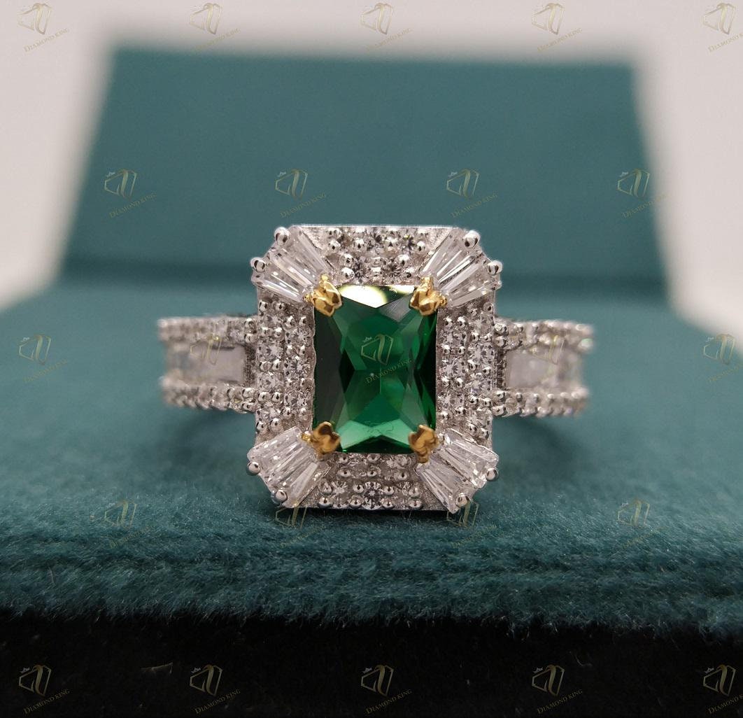 Art Deco 1.60 Ct Smeraldo verde e diamante Halo, anello di fidanzamento Art Deco, anello regalo di anniversario antico, anello Art Deco vintage in arg