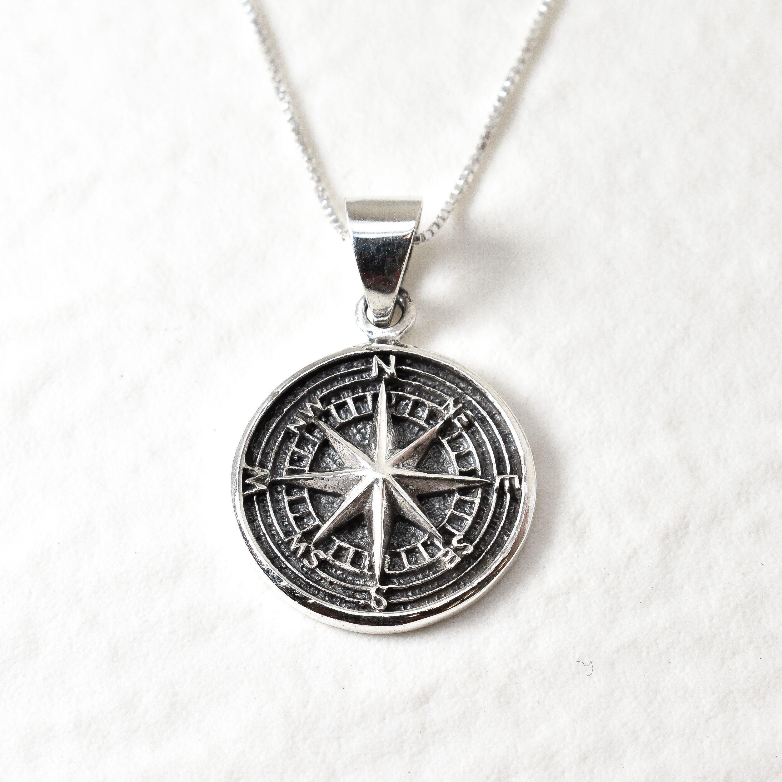 Collana con bussola in argento, ciondolo con stella polare, ciondolo con bussola vichinga, ciondolo con bussola rotonda, ciondolo con bussola vintage,