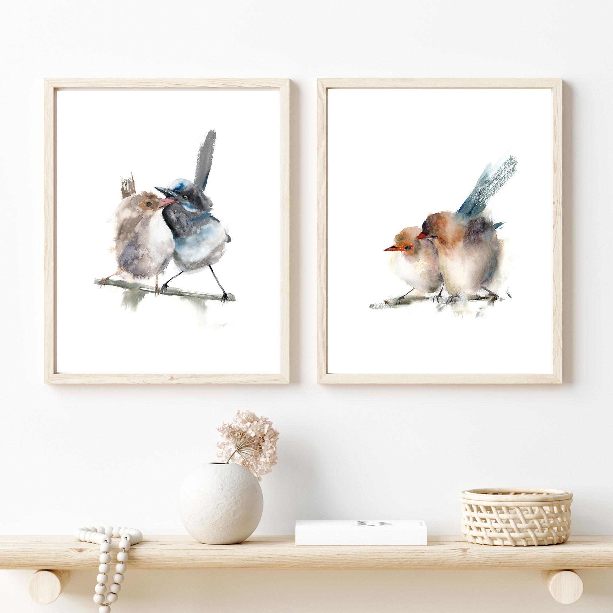 Dittico di acquerelli, set di 2 stampe di uccelli, stampe originali, arte murale Wren, arte murale minimalista, due uccelli come decorazione per inter