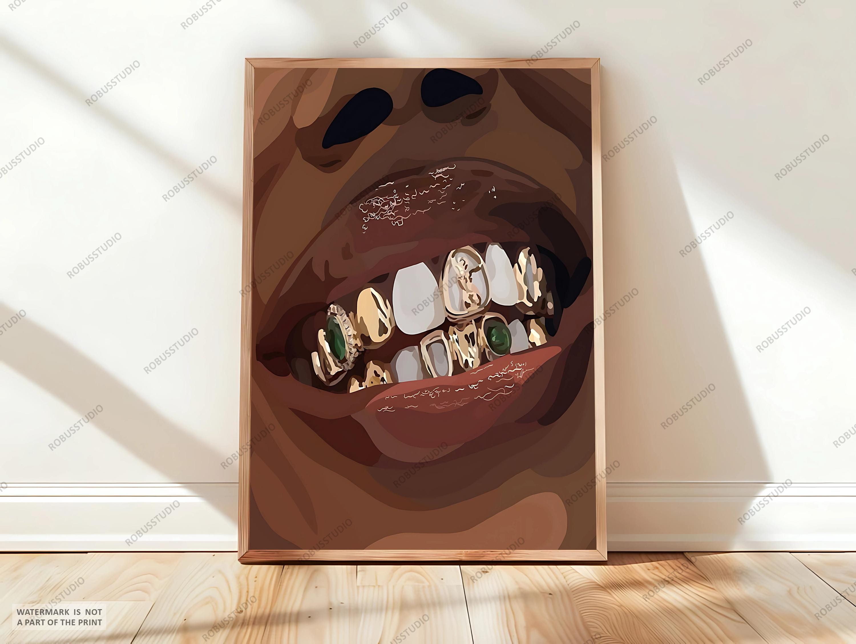 Stampa artistica Grillz Black, poster denti d'oro donna nera, arte Grillz stampabile, arte melanina, denti di diamante, decorazione ragazza nera, down