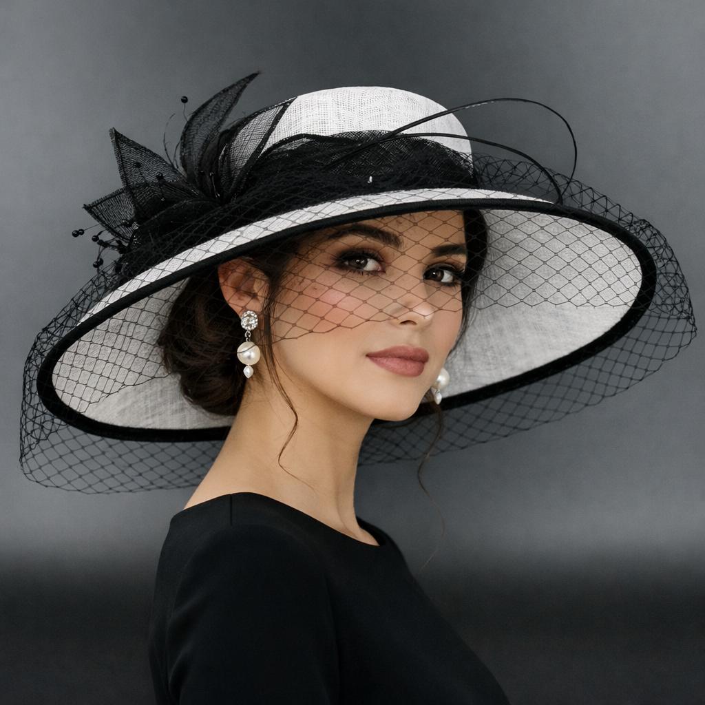 M489V (cappello bianco nero) Cappello da Kentucky Derby, cappello da chiesa, cappello da matrimonio, cappello pasquale, cappello da tè, cappello forma