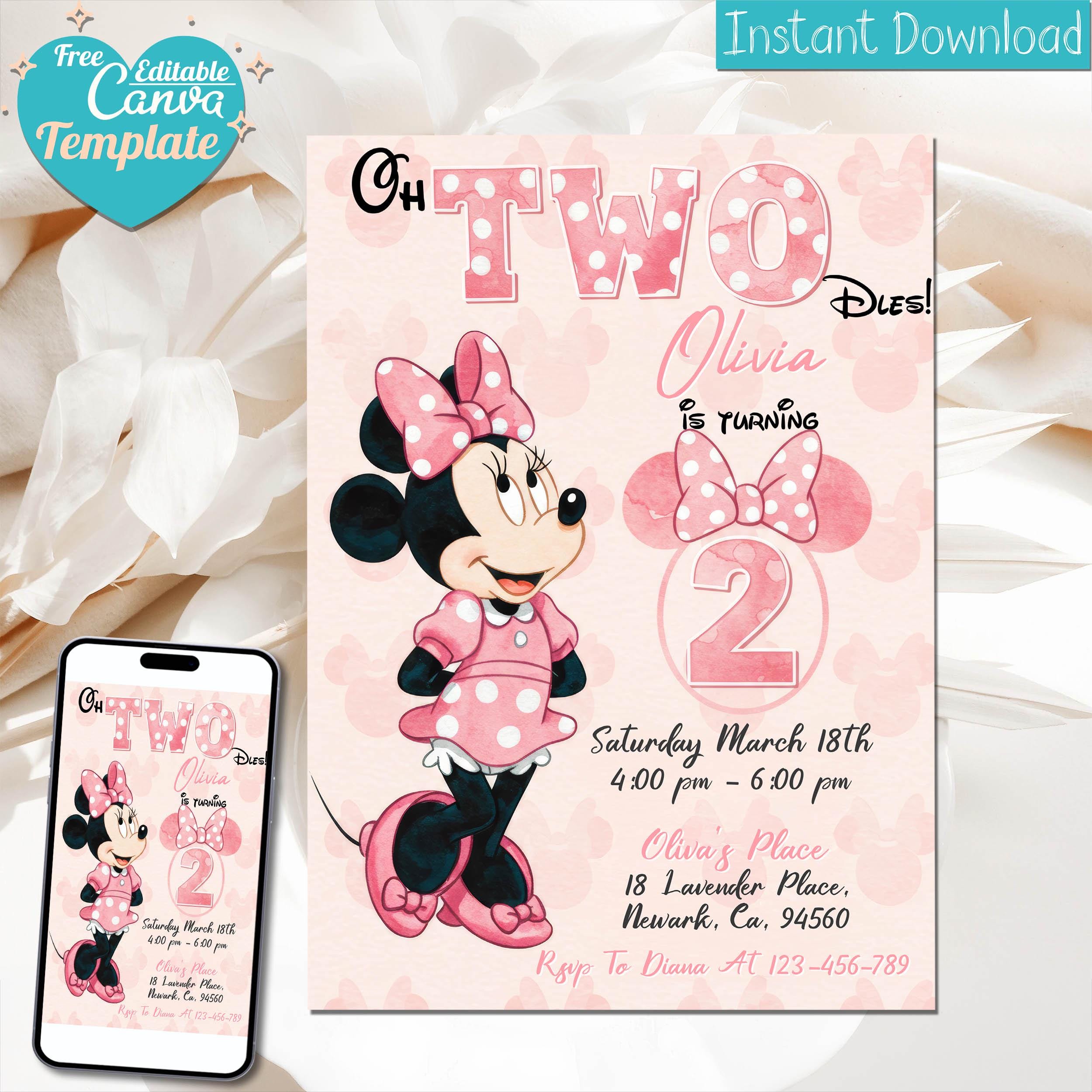 Invito di compleanno modificabile Oh TWOdles Minnie Mouse, invito Oh Twodles, invito per il secondo compleanno di un simpatico topo, 2o compleanno, ro