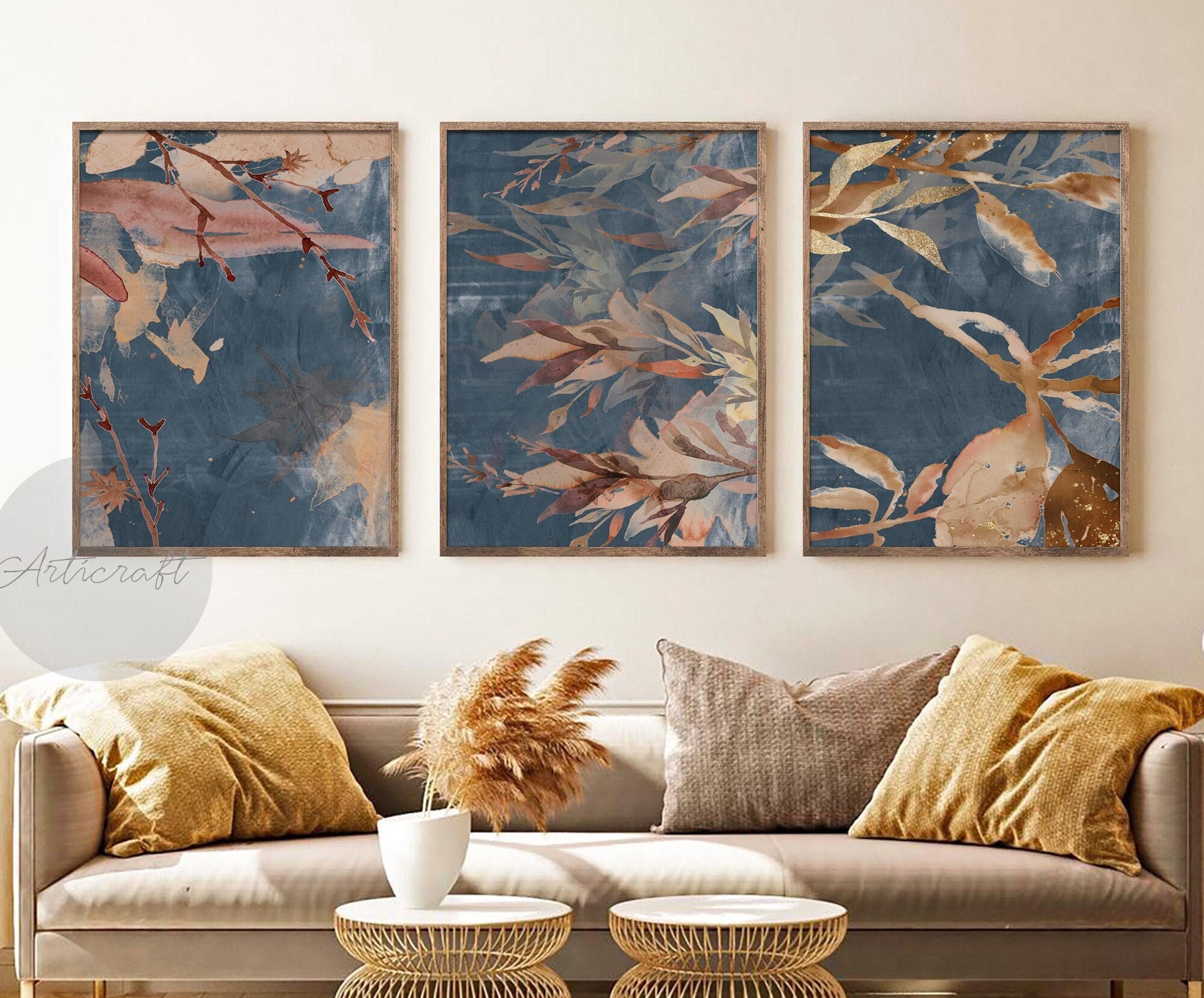 Set di 3 stampe botaniche ad acquerello, arte murale da galleria, stampe di foglie autunnali, arte blu navy, marrone e beige, arte moderna per la deco