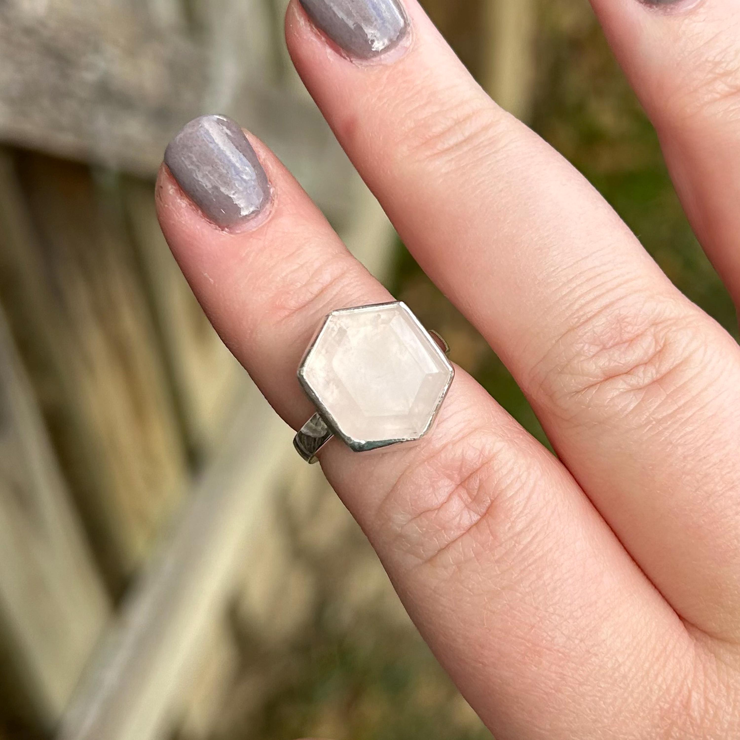 Anello in quarzo rosa - Anello esagonale in quarzo rosa - Anello in argento sterling con quarzo rosa - Argento - Anello con pietra preziosa - Anello i