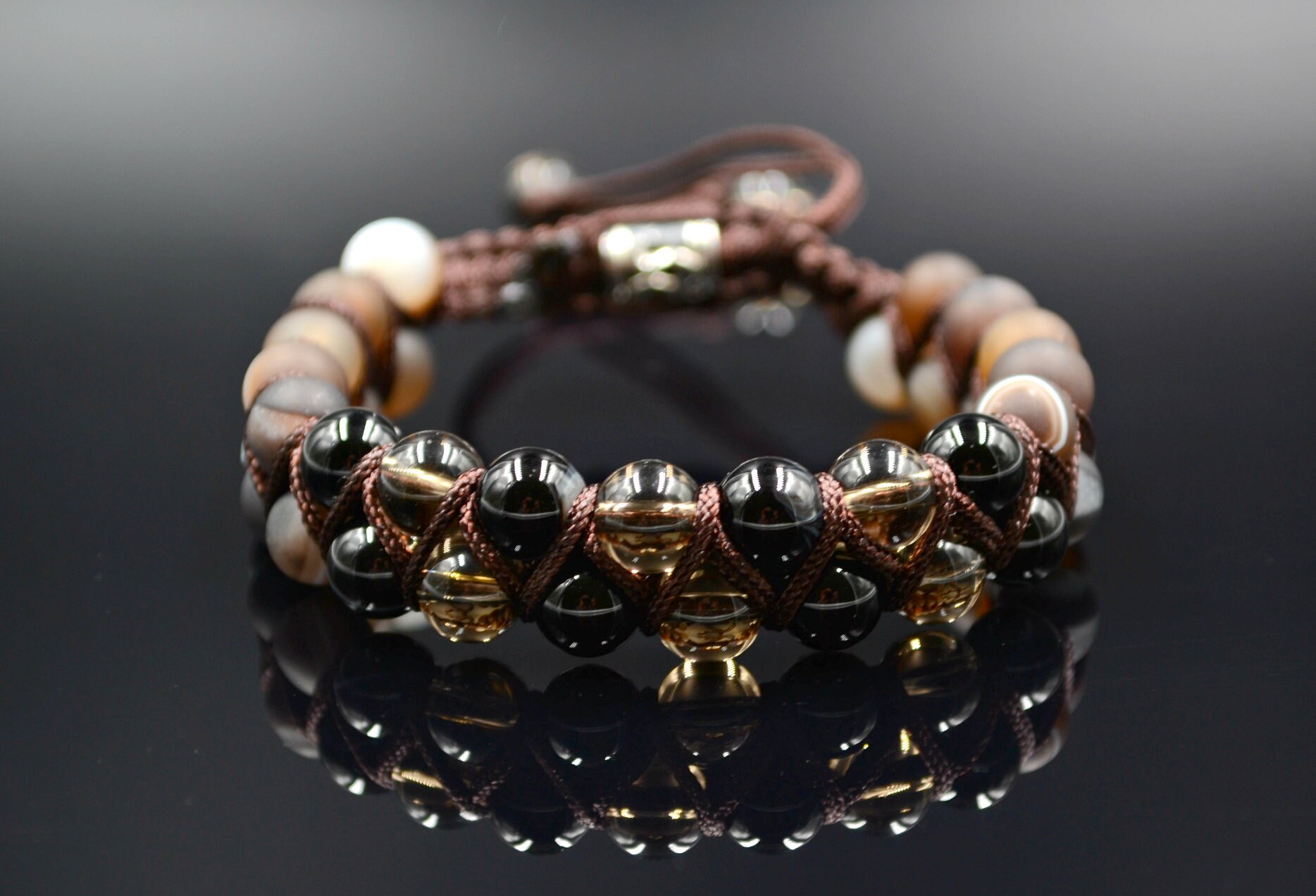 Bracciale da uomo Bracciale con doppio cristallo Bracciale con agata Bracciale con perline Bracciale con pietre preziose Bracciale con quarzo fumé Reg