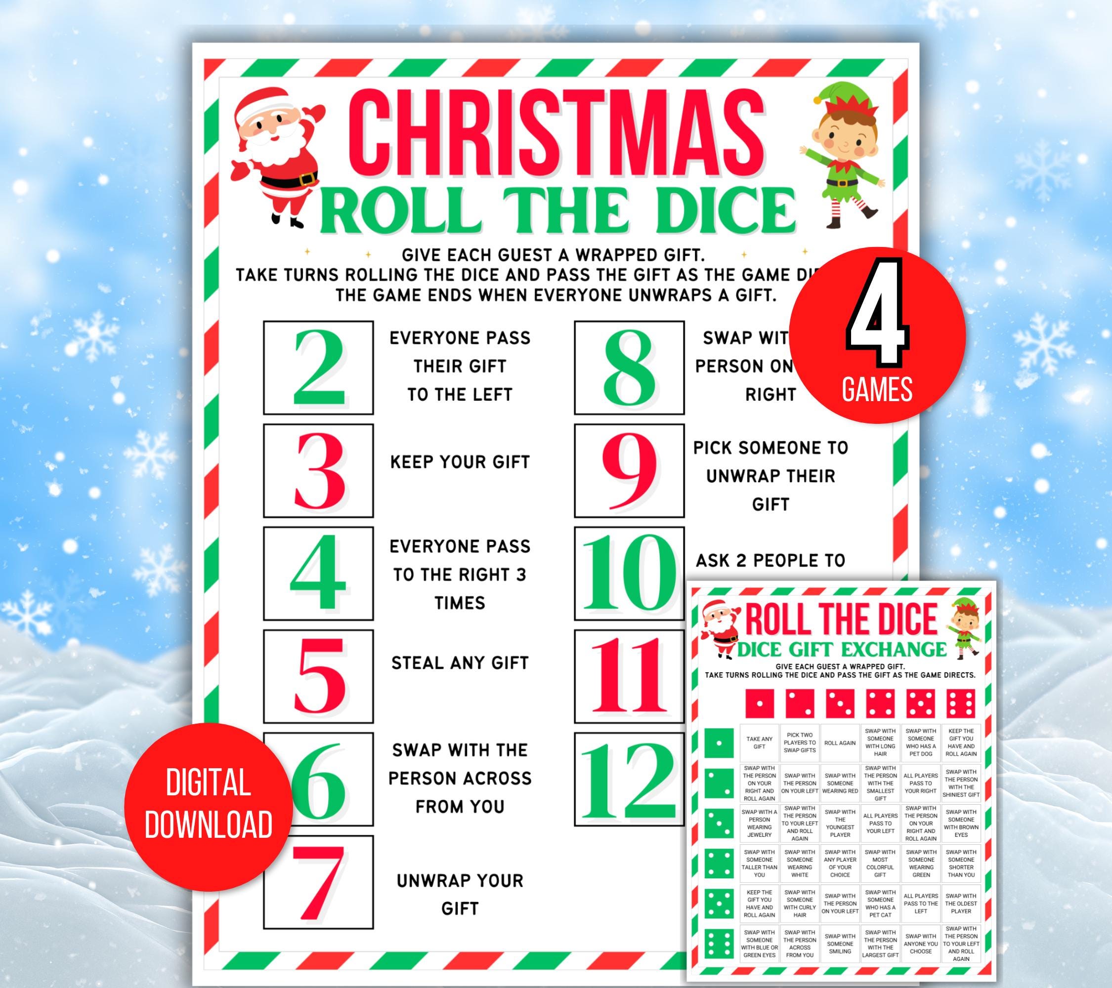 "Giochi di scambio di regali natalizi \"Tira i dadi\", divertenti giochi di Natale, giochi di Natale stampabili, giochi di Natale per famiglie, pacchetto"