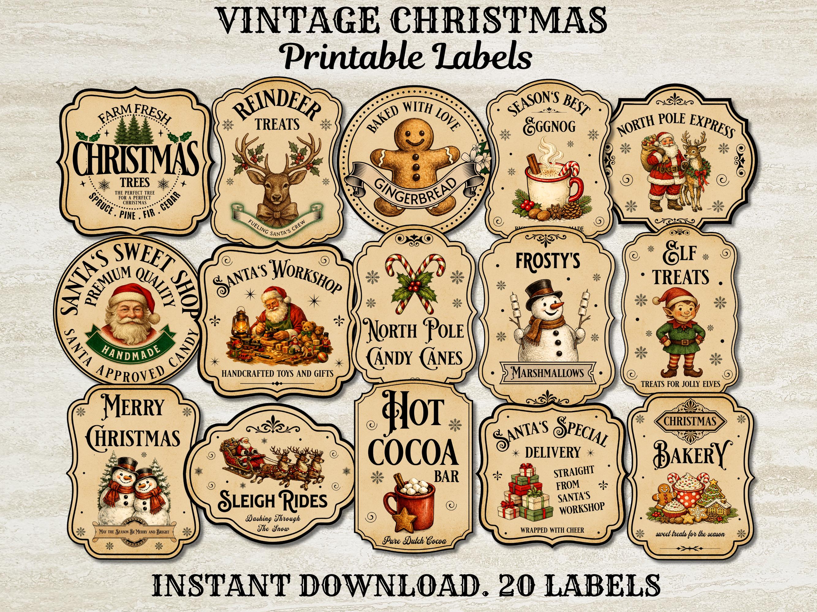 Etichette natalizie vintage stampabili, etichette per pozioni natalizie, etichette per pozioni vintage, etichette per farmacisti natalizi, Natale vecc