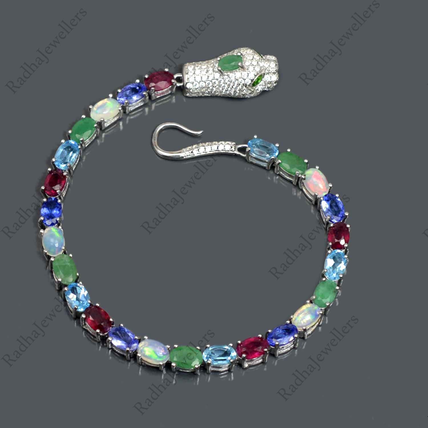 Bracciale con pietre preziose naturali miste, bracciale tennis, pietre miste rubino, smeraldo, topazio blu e tanzanite, bracciale tennis in argento, b
