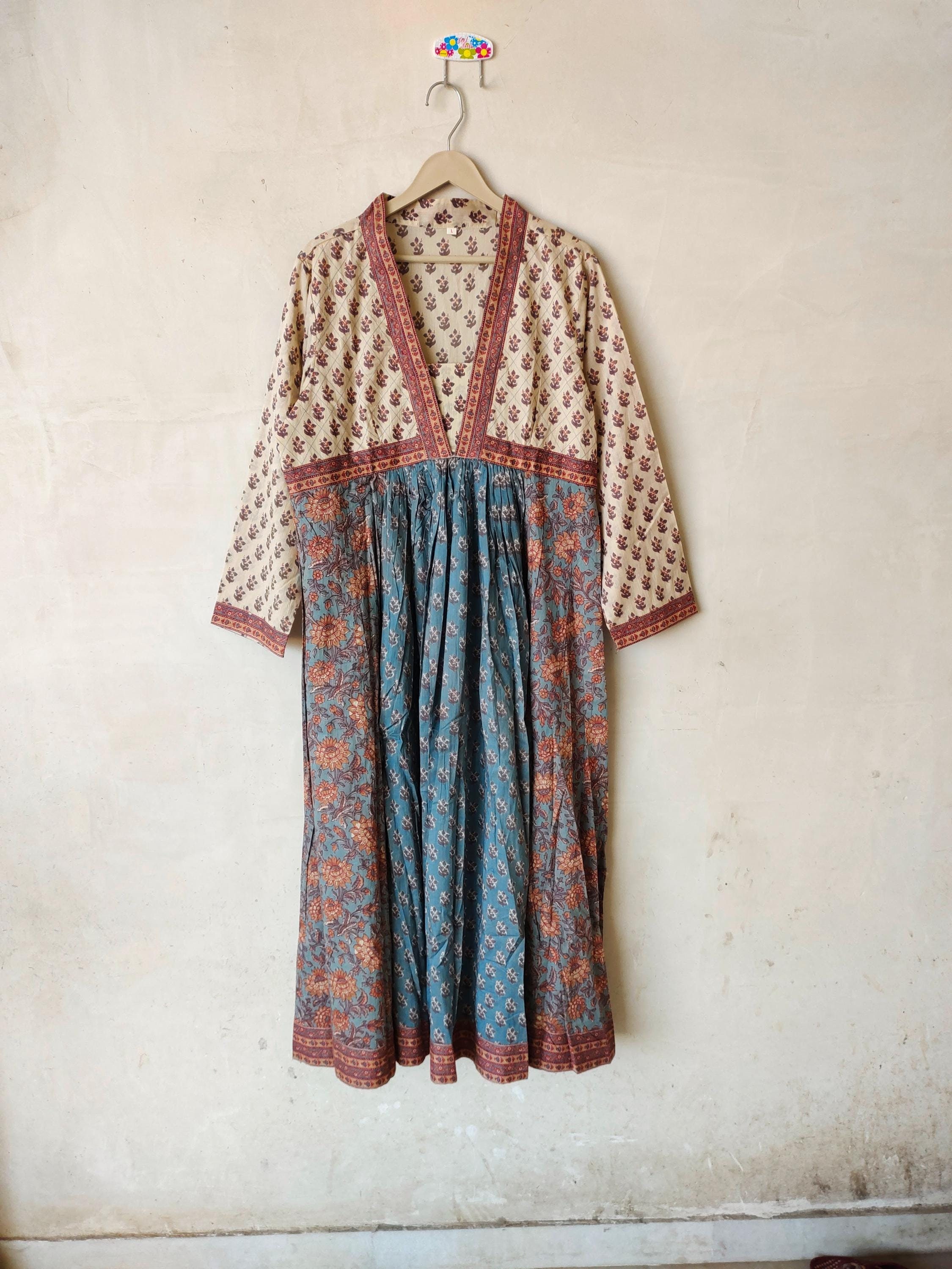 abito stampato a blocchi, tuniche indiane, abito stampato a mano, abito lungo in cotone indiano, abito in cotone indiano, abito stampato, abito stampa