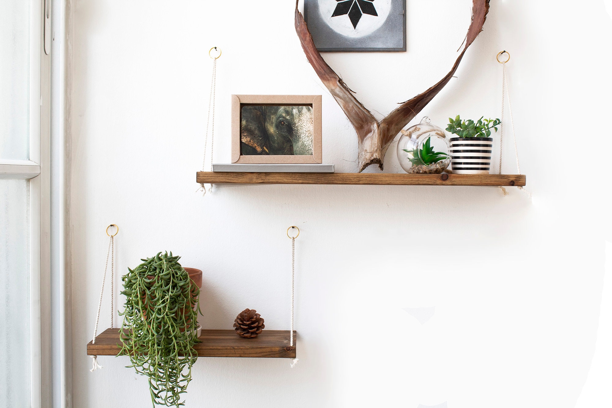 Set di mensole galleggianti di 2 grandi mensole sospese, mensole oscillanti, mensole in legno, mensole per piante