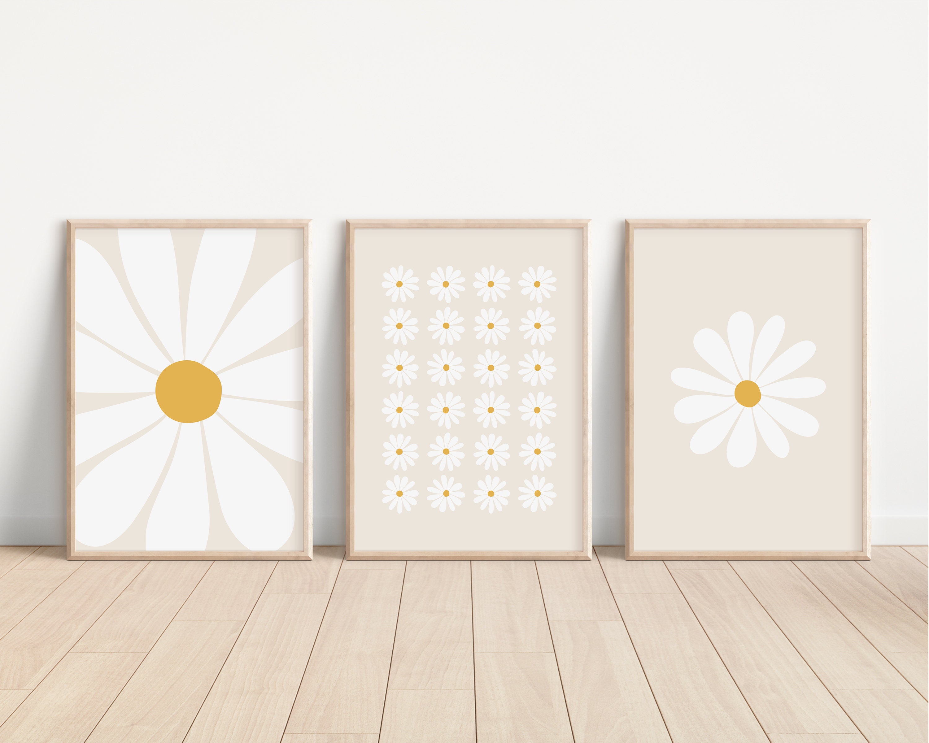 Set di 3 stampe con margherite / stampa da parete con margherite, stampa per cameretta, stampa floreale, set di 3 stampe beige, decorazione neutra per