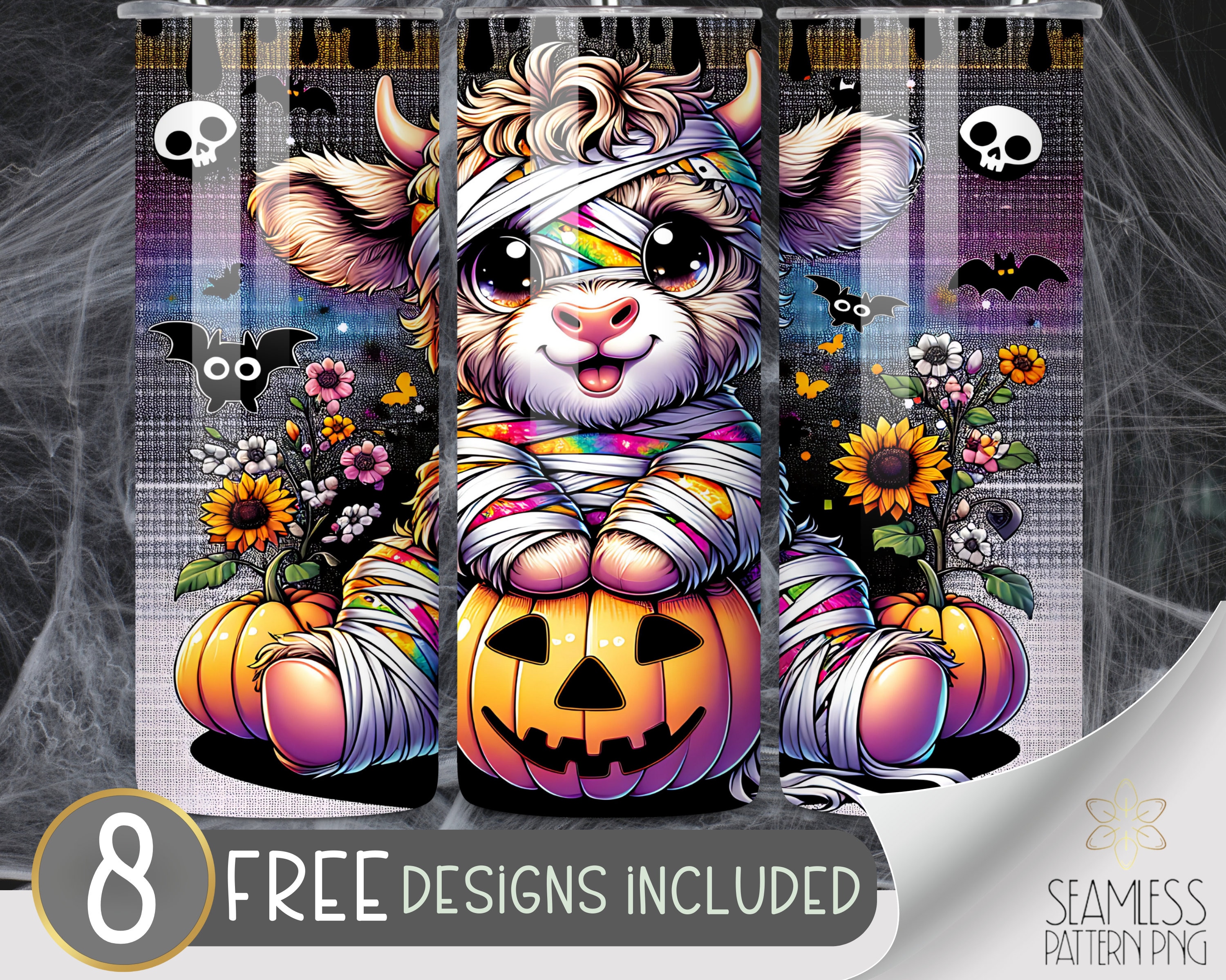 Mummy Highland Cow Tumbler Design a sublimazione, Design di Halloween Highland Cow, Girasole Cow 20Oz Skinny Tumbler Wrap PNG, Download immediato