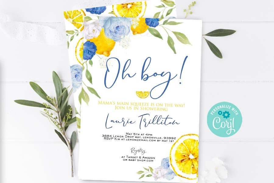 Invito modificabile per baby shower al limone Baby shower al limone blu Baby shower alla limonata Baby shower brunch Baby shower estivo Baby shower gi