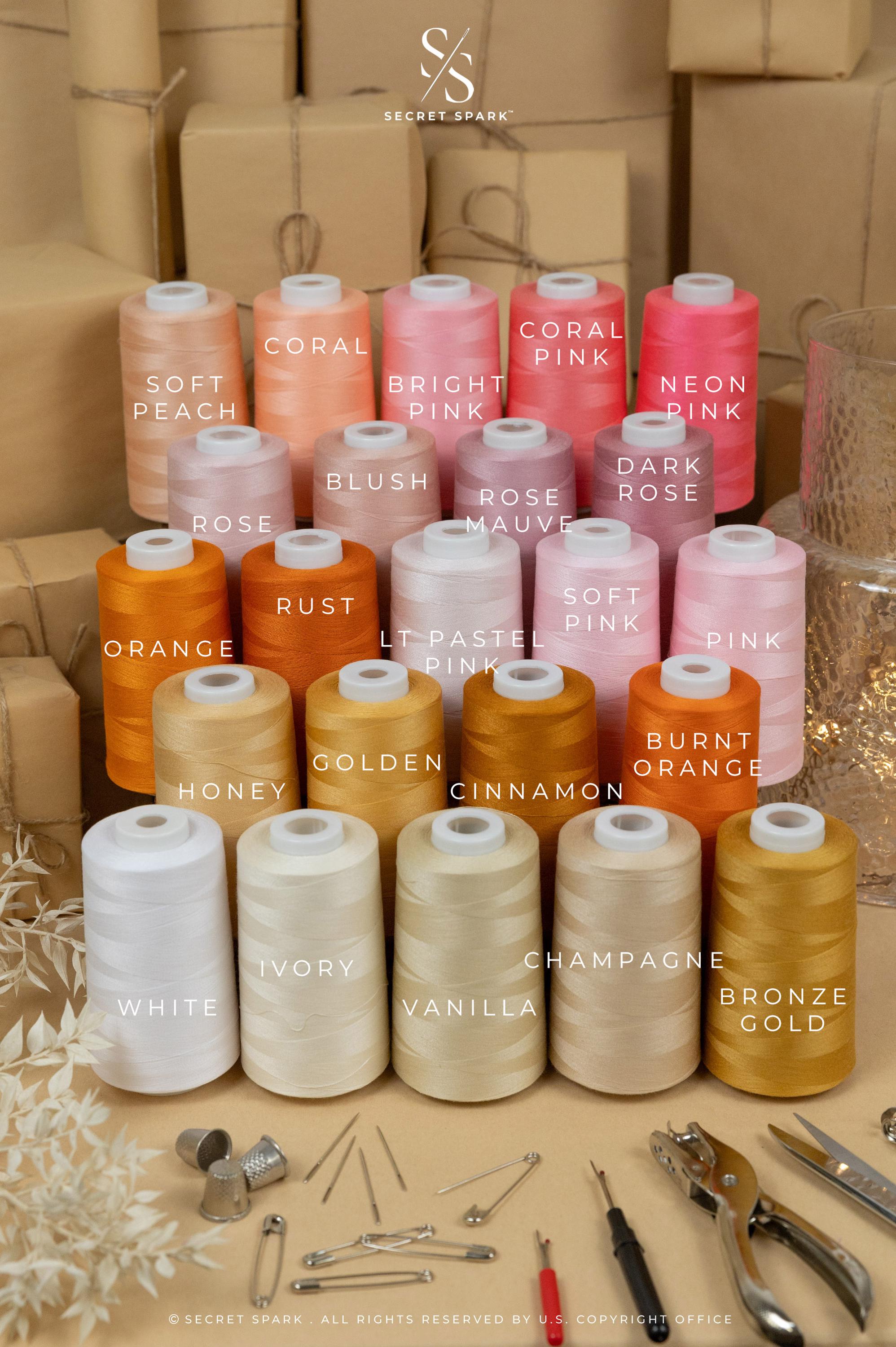 Filo da cucito bianco avorio vaniglia 6000 iarde, filo filato rosa, cono di filo rosa 100% poliestere, fili da cucito per abbigliamento Blush, filo ru