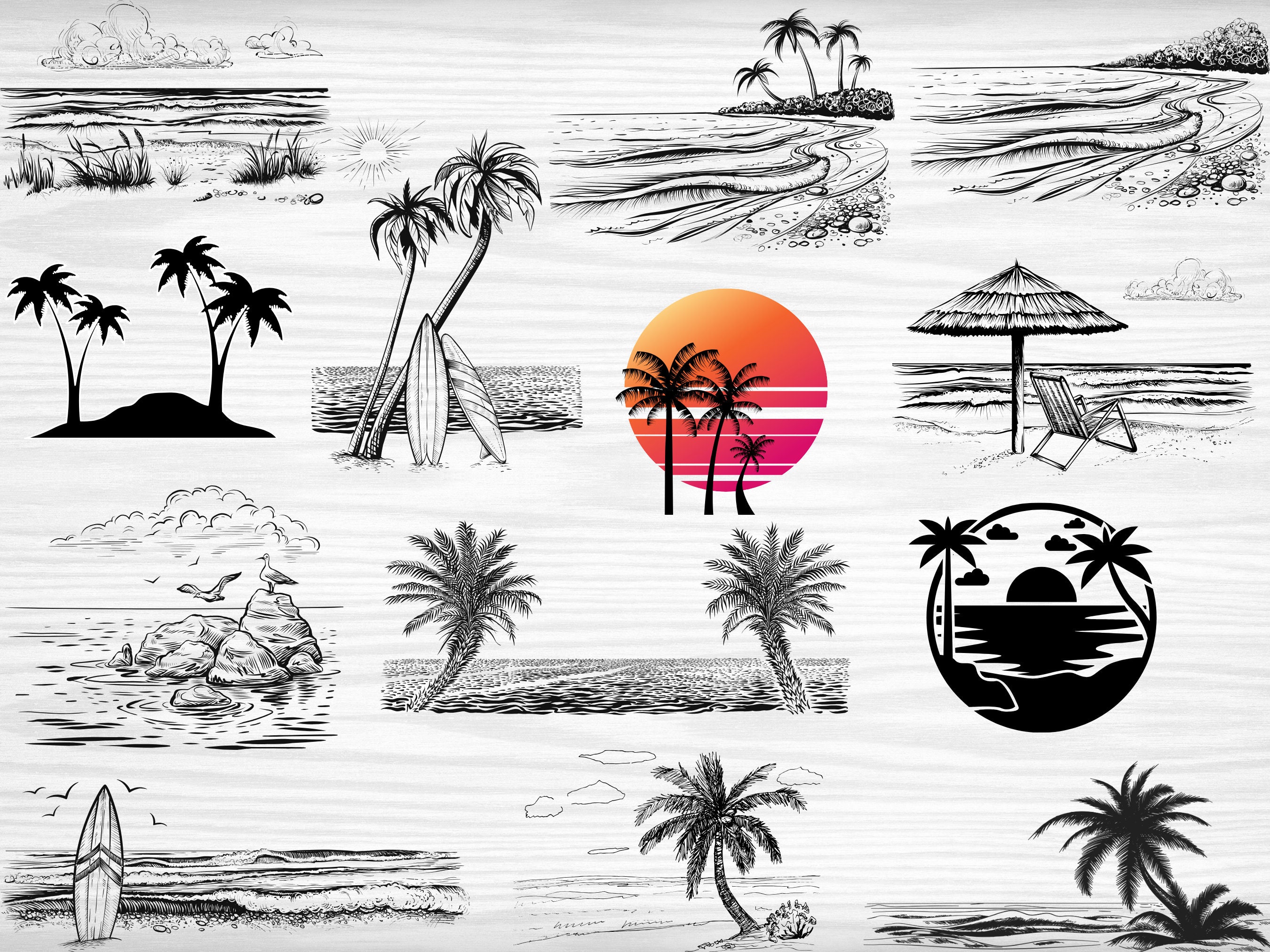 Pacchetto Svg scena spiaggia, download digitale istantaneo, file di taglio SVG, albero di palma Svg, pacchetto clipart scena spiaggia, mare Svg, ocean
