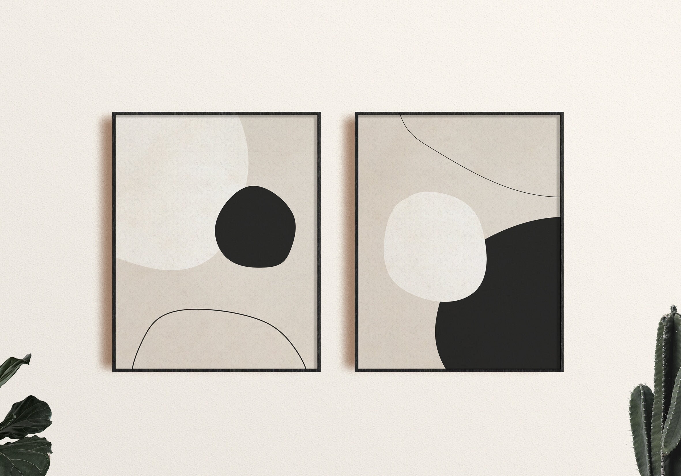 Modern Abstract Wall Art Print Set di 2, Black Beige Geometric Shapes Art, Printable Modern Wall Art, Minimal Abstract Art Print Digital