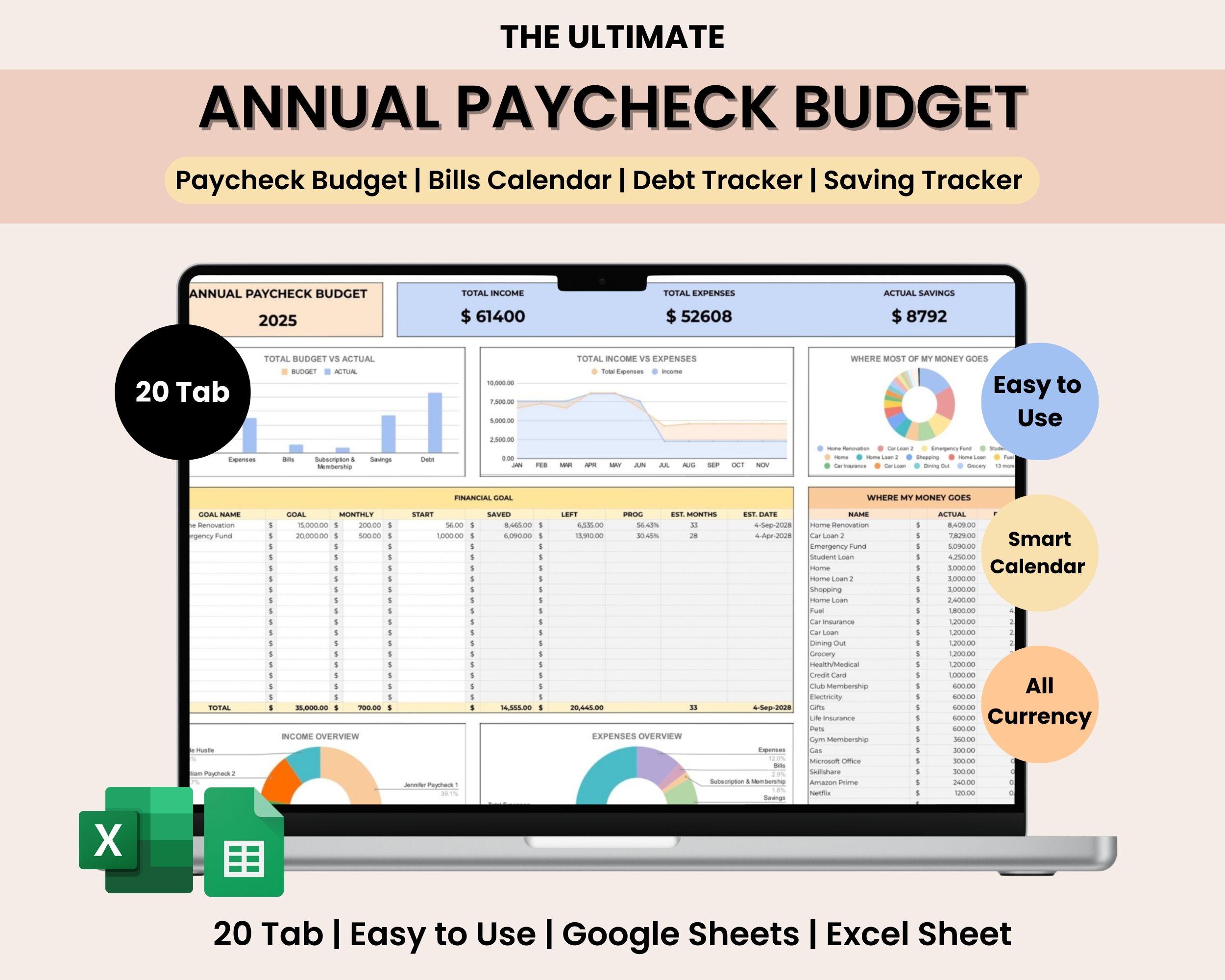 Foglio di calcolo definitivo per il budget della busta paga / Pianificatore annuale della busta paga / Modello di budget per Google Sheets ed Excel /