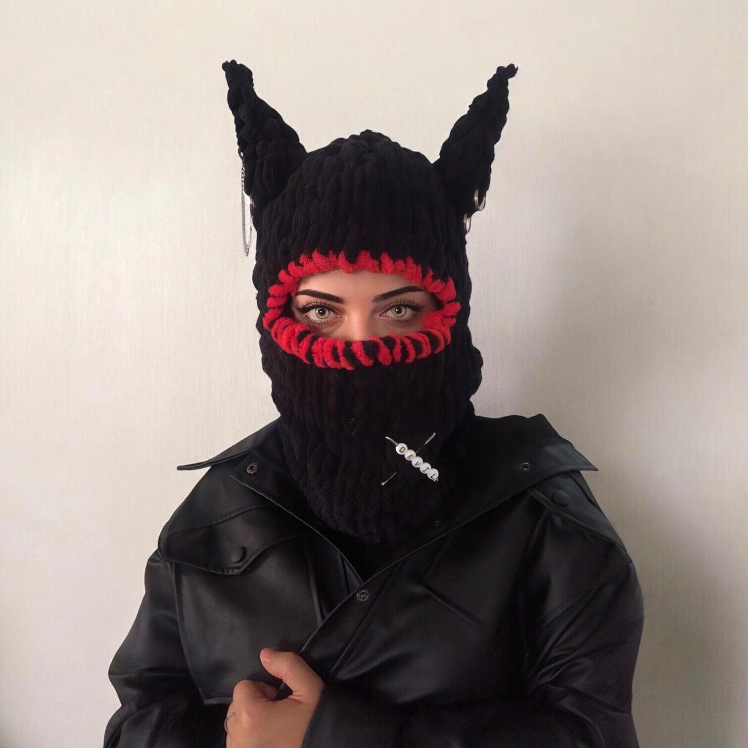 Maschera da sci in maglia, passamontagna, passamontagna da diavolo, passamontagna con corna, protezione per casco, passamontagna unisex, maschera da f