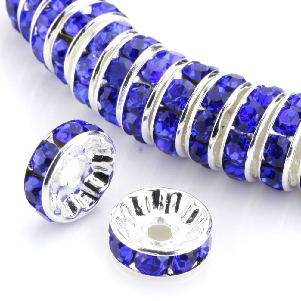 Scegli 100 pezzi/200 pezzi di perline distanziatrici in cristallo di strass argentati di qualità A, blu zaffiro, da 5 mm, 6 mm, 8 mm, 10 mm e 12 mm pe