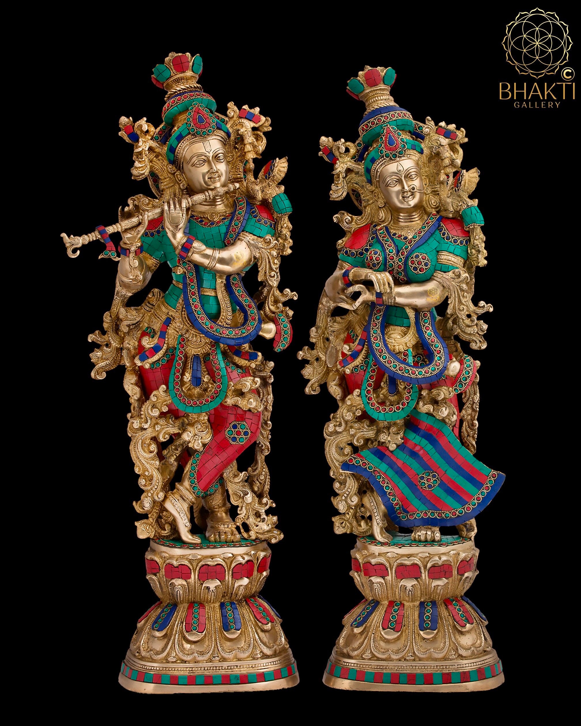 Statua di Radha Krishna, statuetta di Radha Krishna in ottone di grandi dimensioni, scultura di Radha-Krishna in ottone di grandi dimensioni. Coppia d
