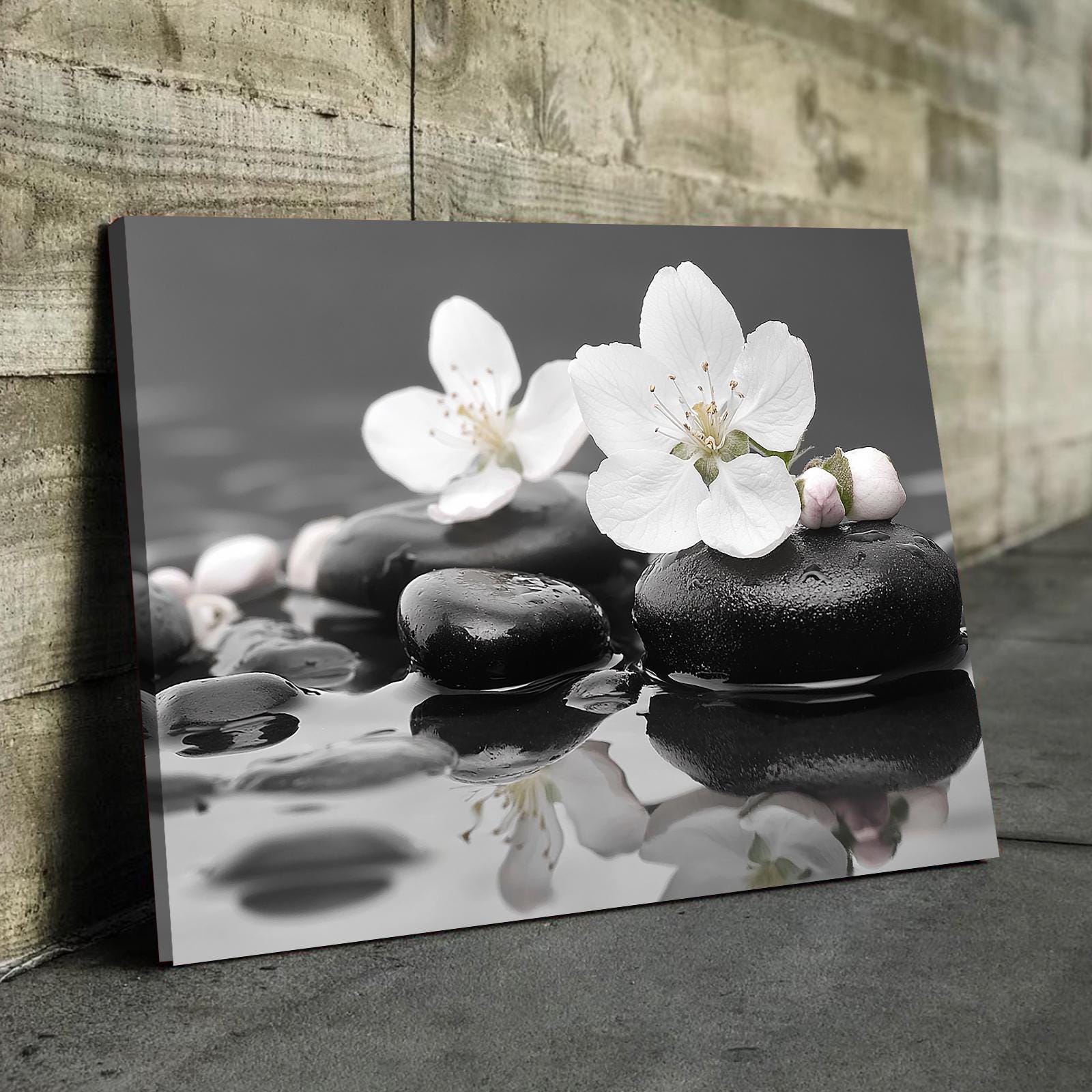 Pietre Zen Floreali Nere in Acqua Arte da Parete per Bagno / Decorazioni da Parete per Bagno / Stampe su Tela per Bagno / Stampe su Tela da Parete con