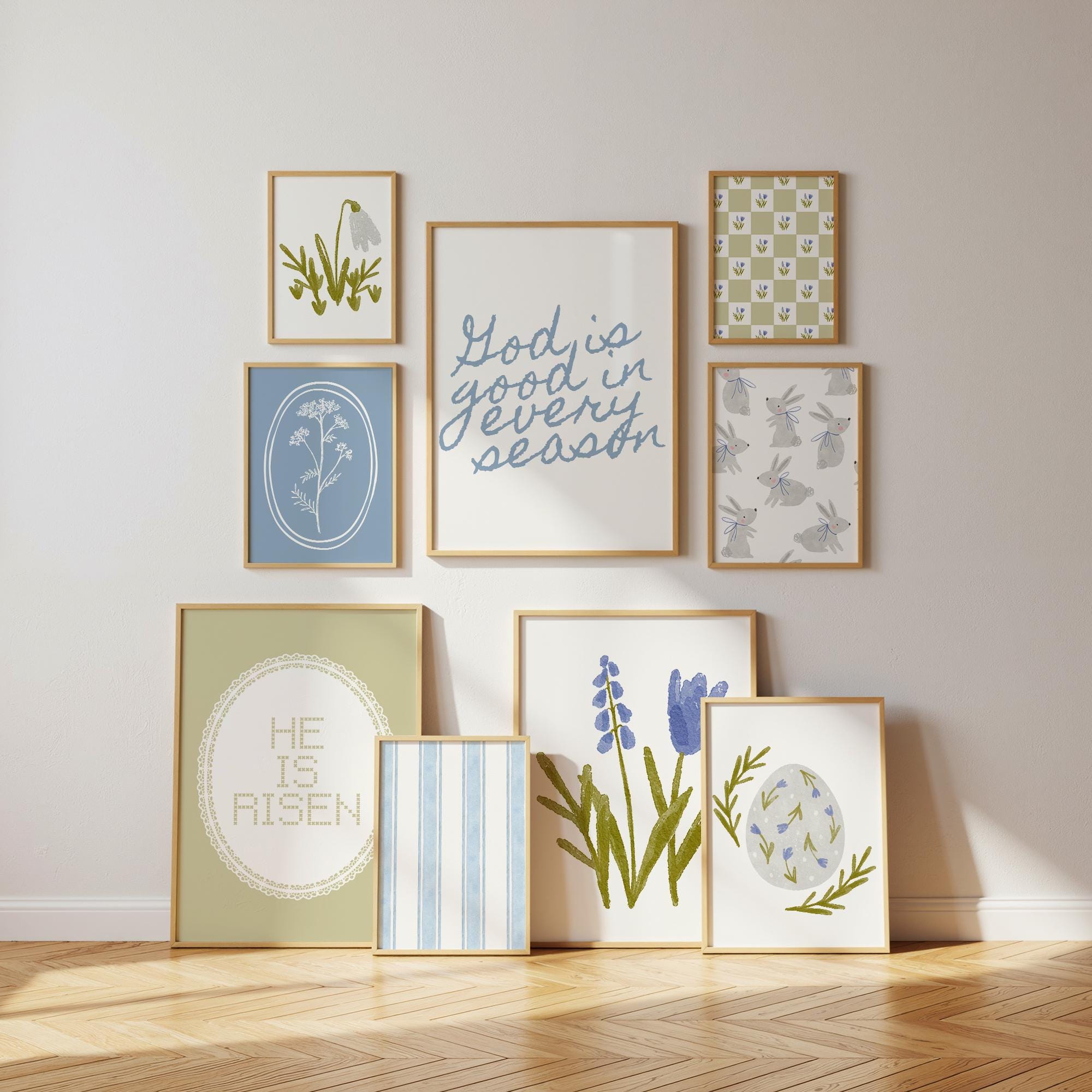Set di 9 stampe murali pasquali cristiane: stampe di versetti biblici primaverili, stampe murali con le Scritture blu e verde salvia, stampe murali mi