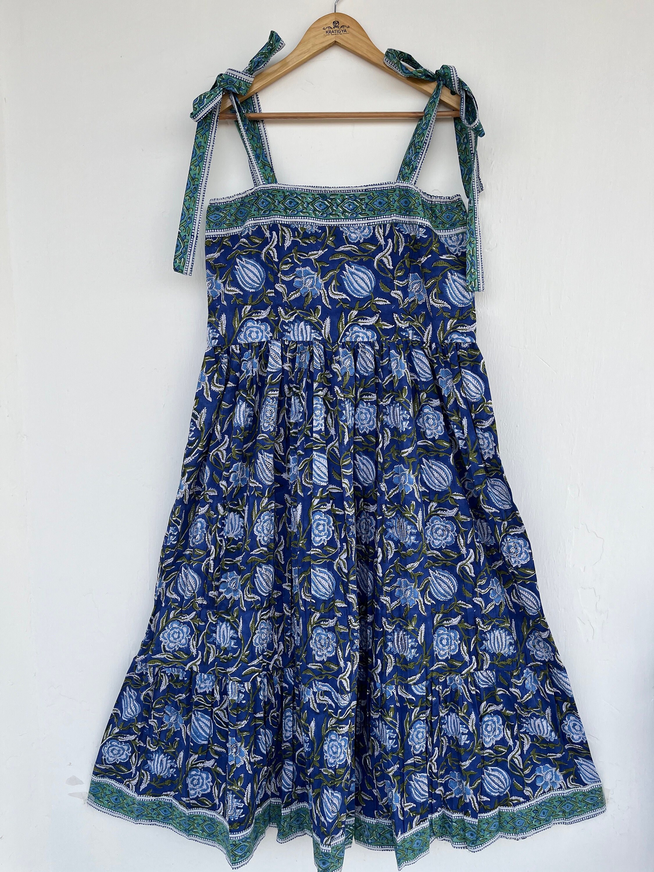 Abito lungo blu stampato a mano con blocchi di legno - abito lungo in cotone - abito lungo estivo boho - abito vintage