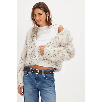Louder Please Hooded Faux Fur Jacket at Free People in Snow Leopard, Size: Large