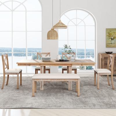 6-Piece Solid Wood Dining Table with 4 Upholstered Chairs and Bench, Extendable Dining Table with Footrest & 2 11