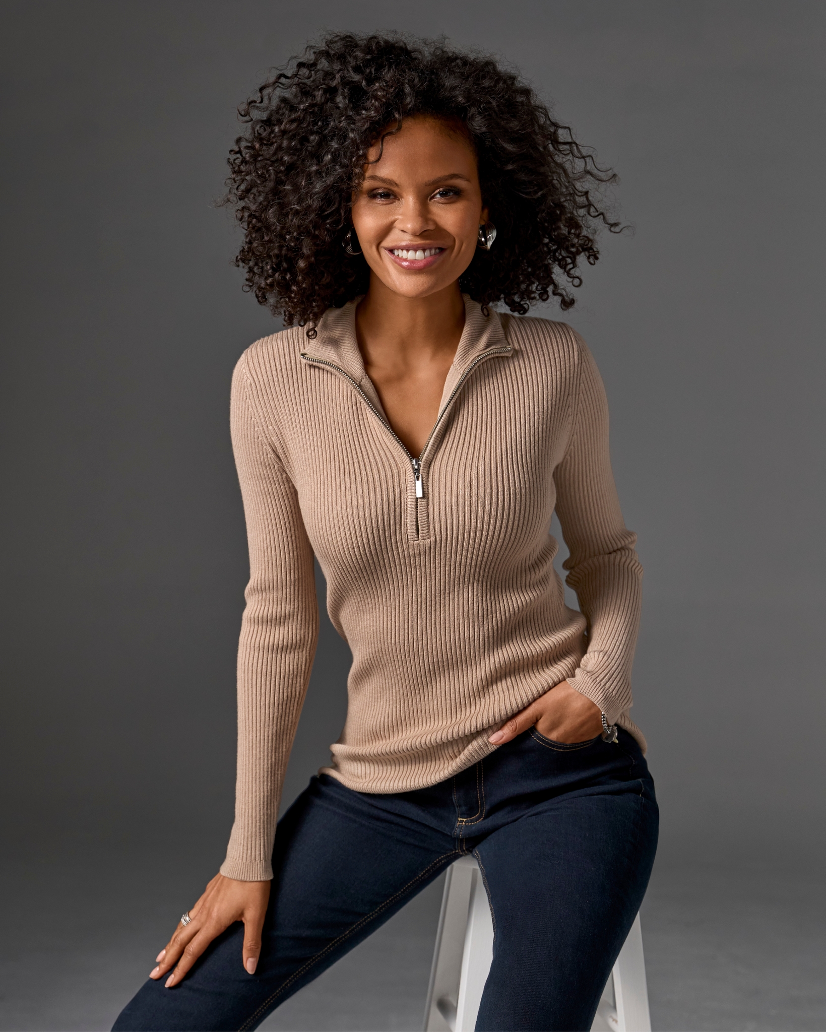 Boston Proper - Sesame Neutral - Ribbed Half Zip Up Sweater - 2XS