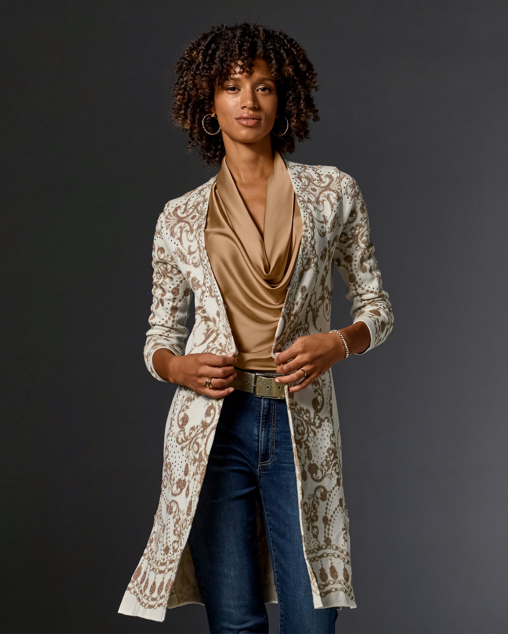 Boston Proper - Golden Scrolls Off White - Patterned Long Lightweight Cardigan - 2XS