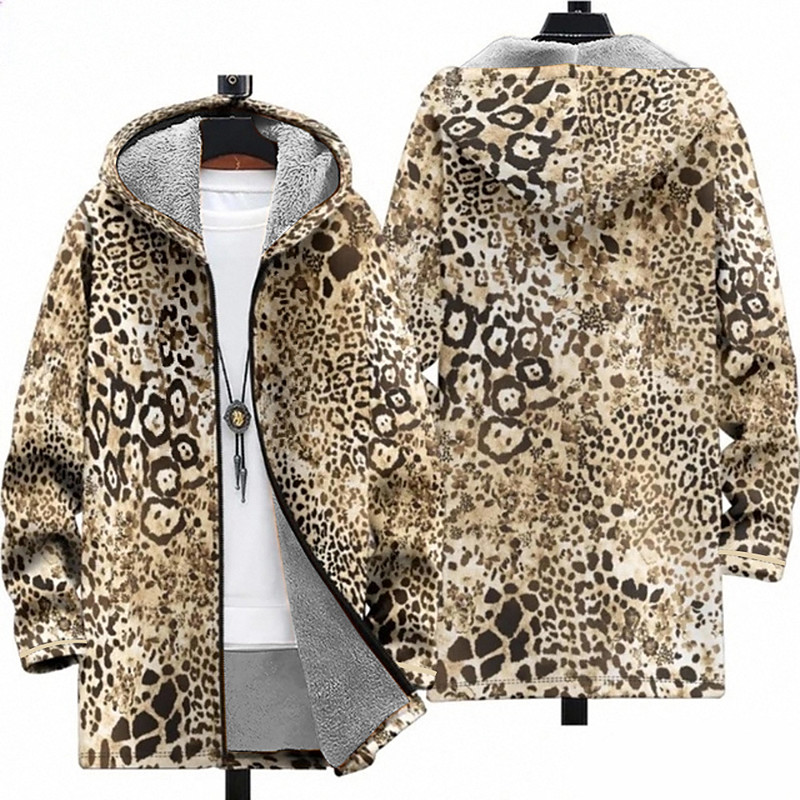 Men Leopard Print Winter Coat Fleece Jacket Coat Thermal Warm Comfortable Casual Daily Wear Zipper Pocket 3D Print Fall Winter Hooded Long Sleeve Brown