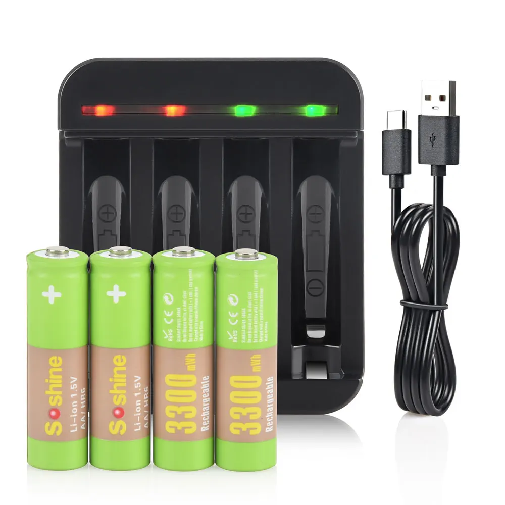 Soshine AA 3300 mWh wiederaufladbare Batterie 1,5 V 3300 mWh Lithiumbatterien und Li-Ion AA AAA Smart wiederaufladbare Batterien Ladegerät Image