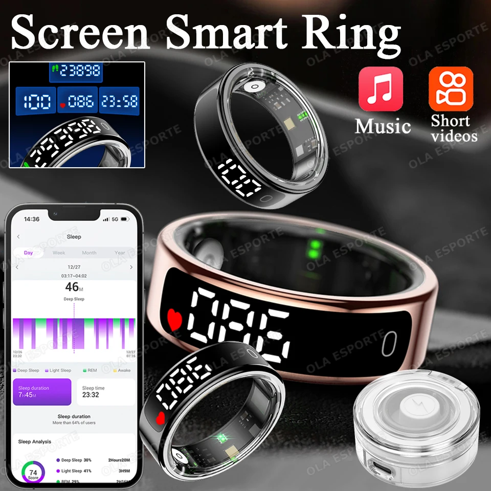 Neue Smart Ring R13 LED Display Bildschirm Geste Sweep Video Herzfrequenz Schlaf Monitor 5 ATM Wasserdichte Drahtlose Lade Ringe 2025 Image