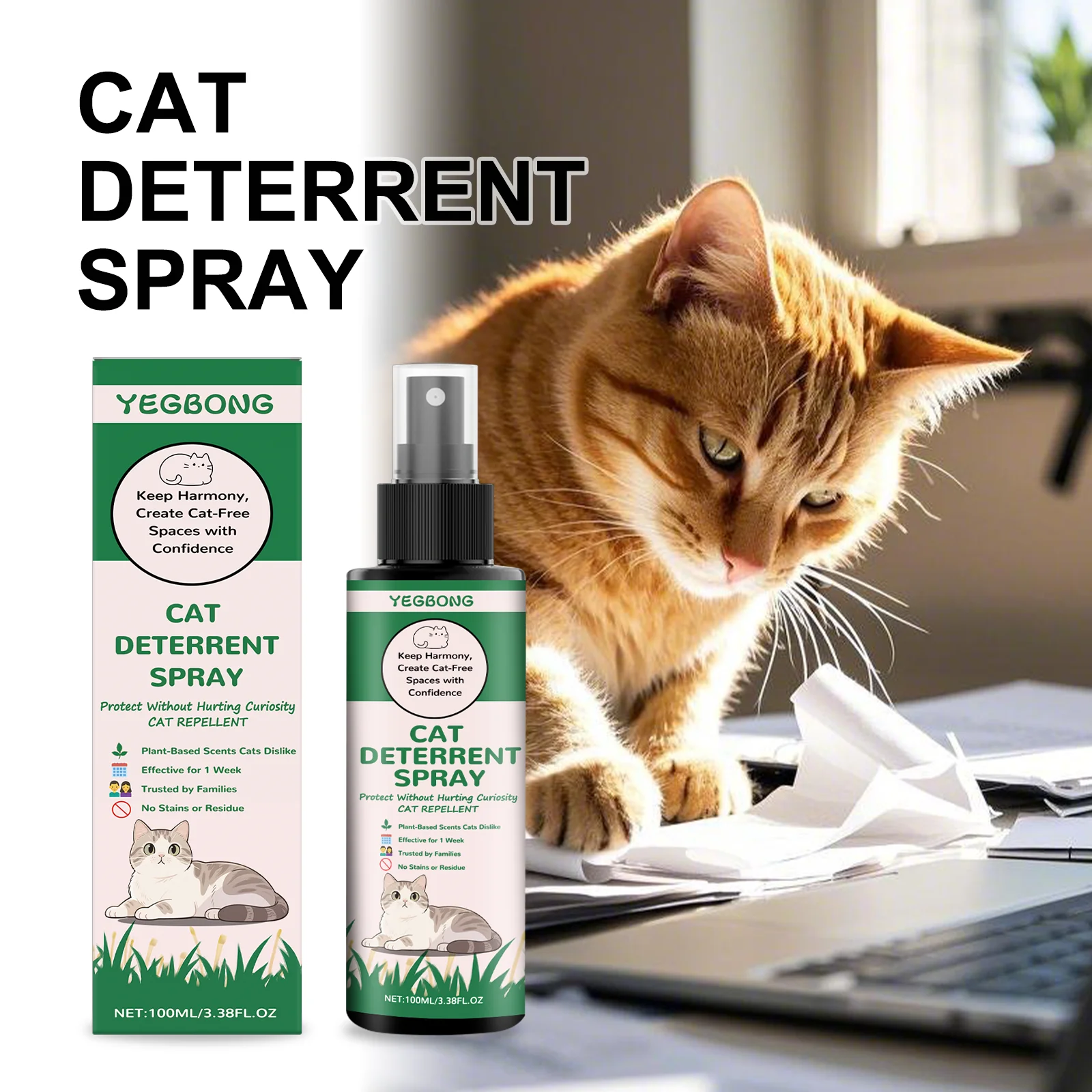 Yegbong Katzenabschreckungsspray zum Schutz von Möbeln gegen Kratzer, Couch, Teppich, Pflanzen, sichere Trainingshilfe für Haustiere für Katzen, 100 ml Image