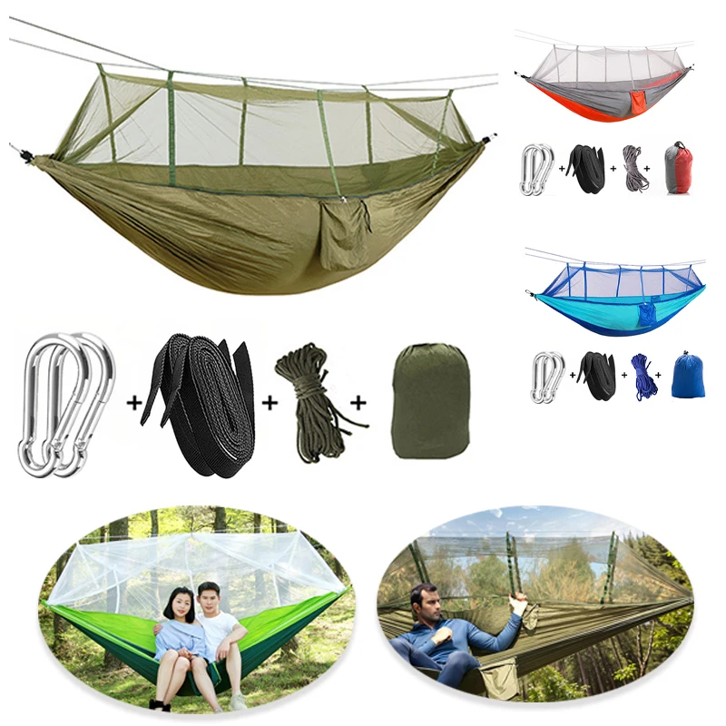 Camping-Hängematte, tragbare Hängematten mit Moskitonetz, Hängemattenzelt, für draußen, Wandern, Reiseausrüstung, unverzichtbar, atmungsaktiv.