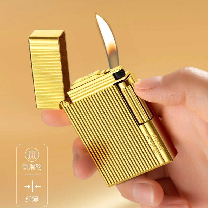 Gold, Silber Aloud Steel Sound, seitlich verschiebbare Schleifscheibe, aufblasbares Feuerzeug, klassische Retro-Vertikalstreifen mit offener Flamme Image