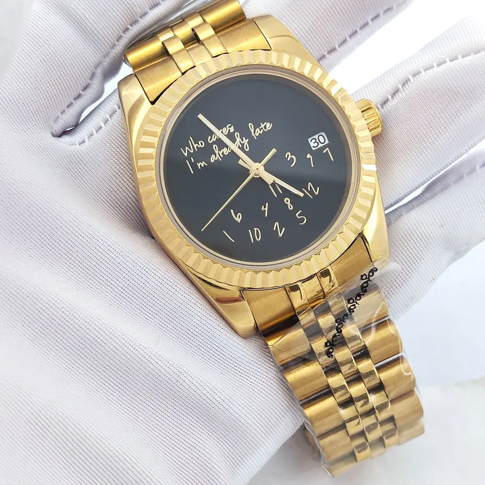 NH35-Uhr Gold/Silber „Who Cares I'm Al Late“-Uhr mit individuellem Logo, 39 mm/36 mm, NH35-Automatikwerk, Sapphirelass-Uhr Image